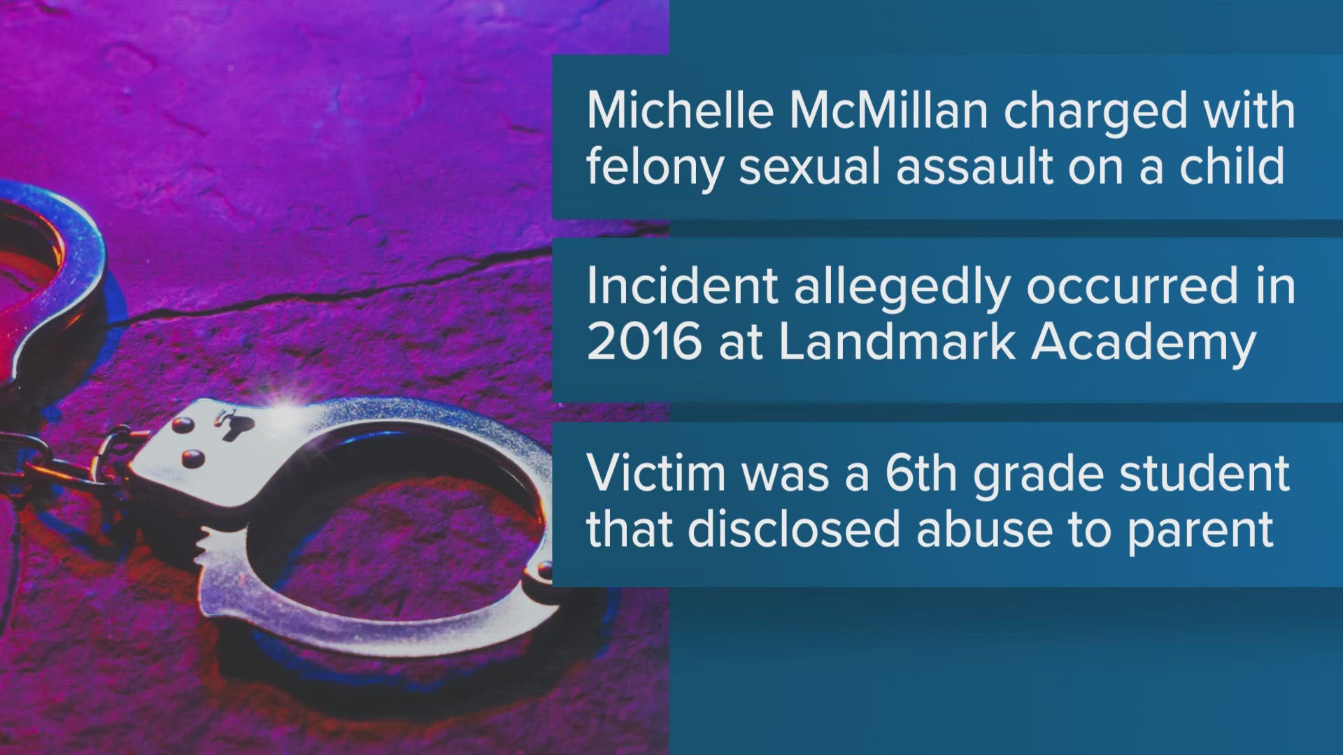 Commerce City police said Michelle McMillan turned herself in at the Adams County jail on Sunday. She has since bonded out.