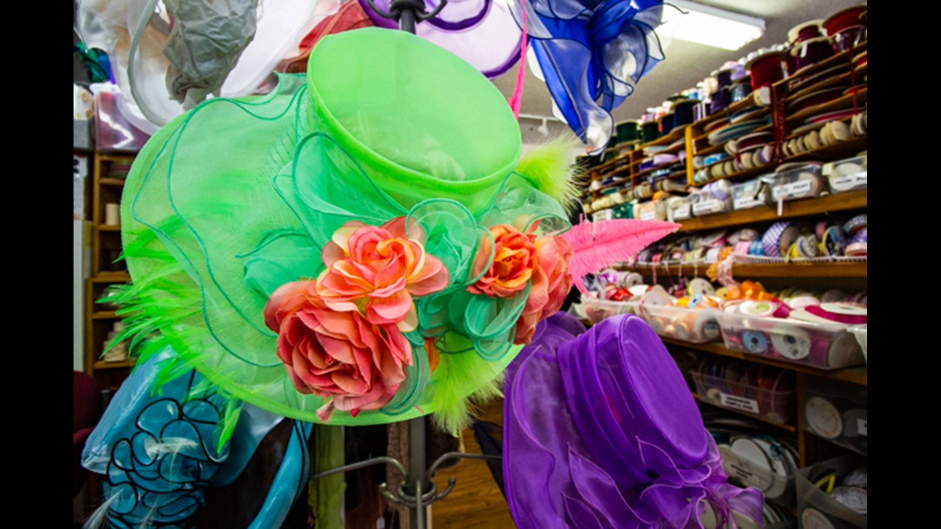 Check out these Derby Ready hats at a historic Denver fabric shop