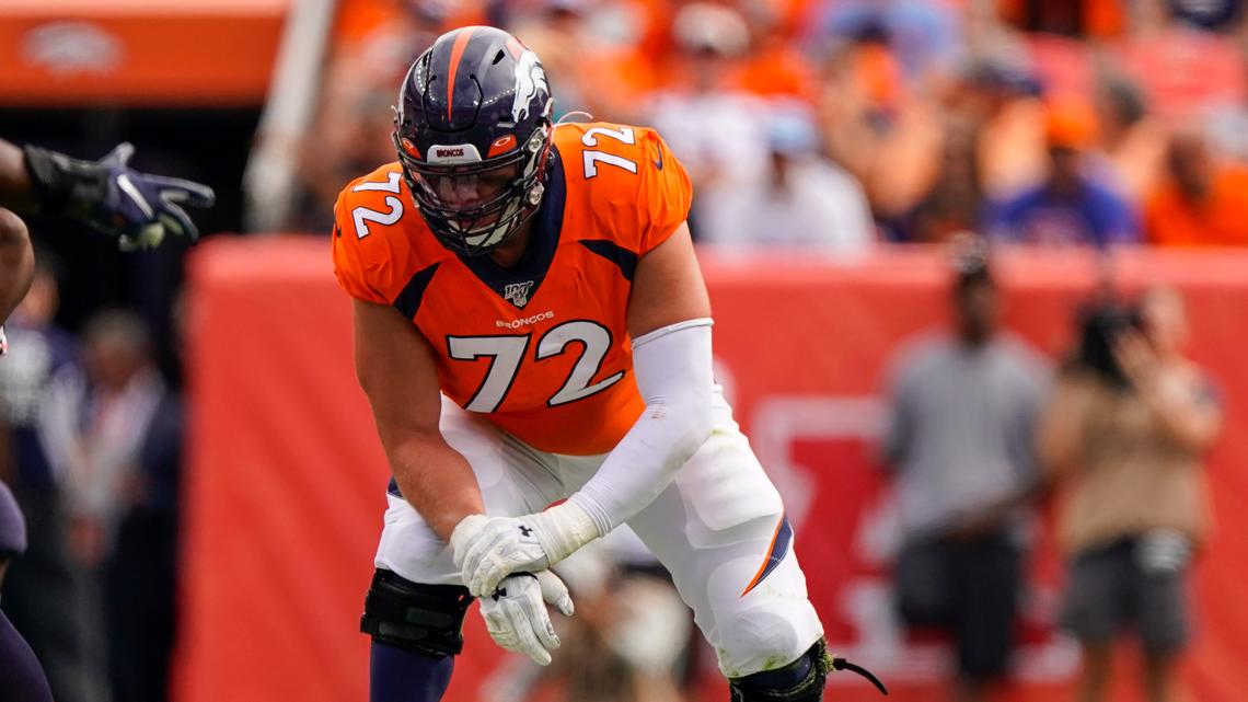 Denver Broncos offensive tackle Garett Bolles prior to an NFL football game  against the New York Jets Sunday, Sept. 26, 2021, in Denver. (AP Photo/Jack  Dempsey Stock Photo - Alamy