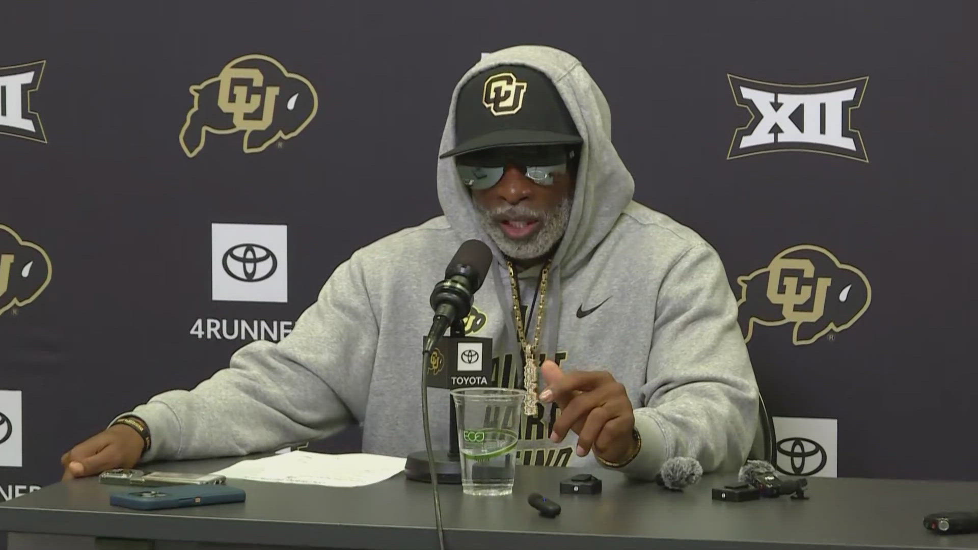 Head coach Deion Sanders speaks to the media Tuesday as the Colorado Buffaloes prepare to face the Baylor Bears on Saturday night.