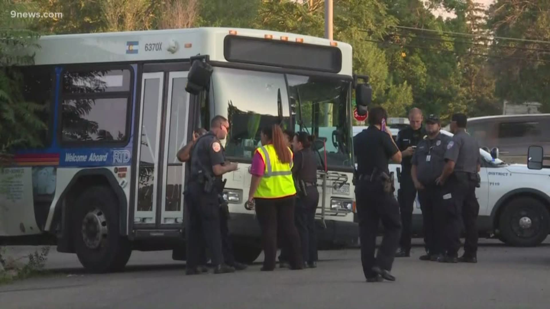 Police said the suspect stole an RTD bus, with a driver but no passengers on board, at Federal Boulevard and Howard Place and then crashed into a retaining wall.