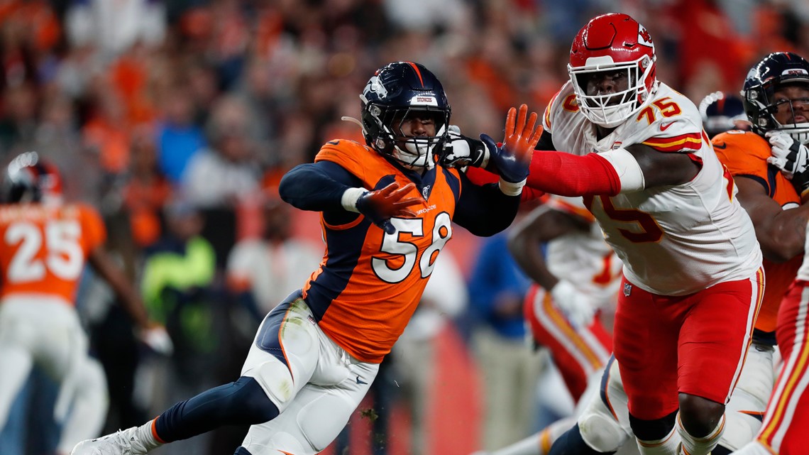 FILE - Buffalo Bills linebacker Von Miller plays during the second half of  an NFL football game against the Cleveland Browns, Sunday, Nov. 20, 2022,  in Detroit. Edge rusher Miller, still recovering