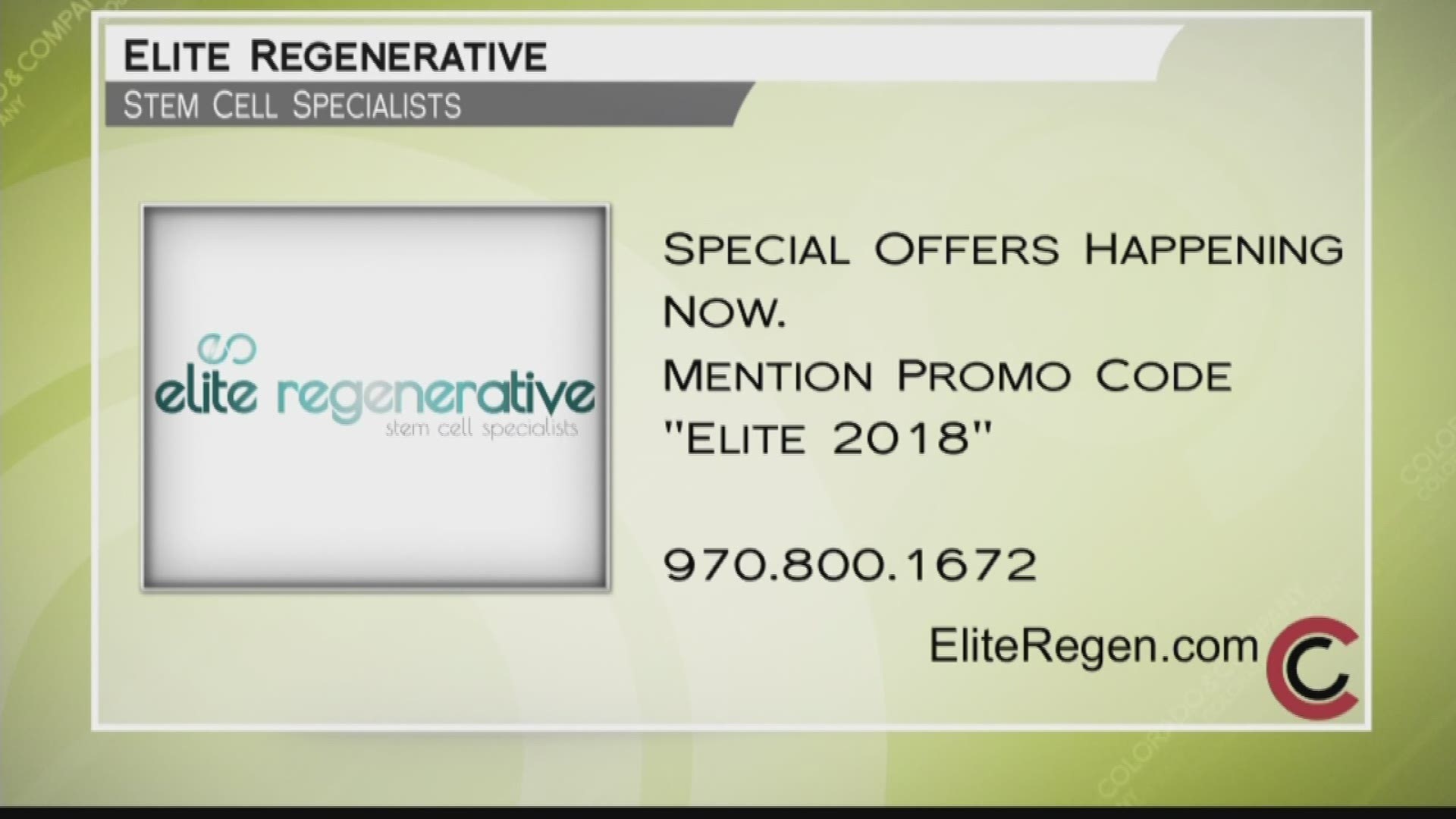 If you're curious about stem cell therapy for you or a loved one, give Elite Regenerative Stem Cell Specialists a call. Mention promo code ELITE 2018 when you call 970.800.1672. Find out more and see if Elite's stem cell treatments can work for you. Visit www.EliteRegen.com for more information. THIS INTERVIEW HAS COMMERCIAL CONTENT. PRODUCTS AND SERVICES FEATURED APPEAR AS PAID ADVERTISING. FIND EXTENDED INTERVIEWS AND BEHIND THE SCENES FEATURES ON FACEBOOK.COM/COLORADOANDCOMPANY. 