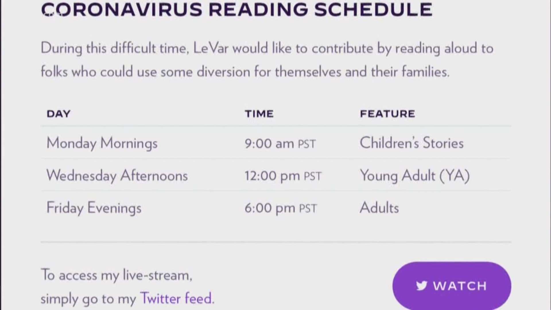 Amid the coronavirus, celebrities are reading to kids over the internet. Becky Ditchfield explains how you can join LeVar Burton for storytime.