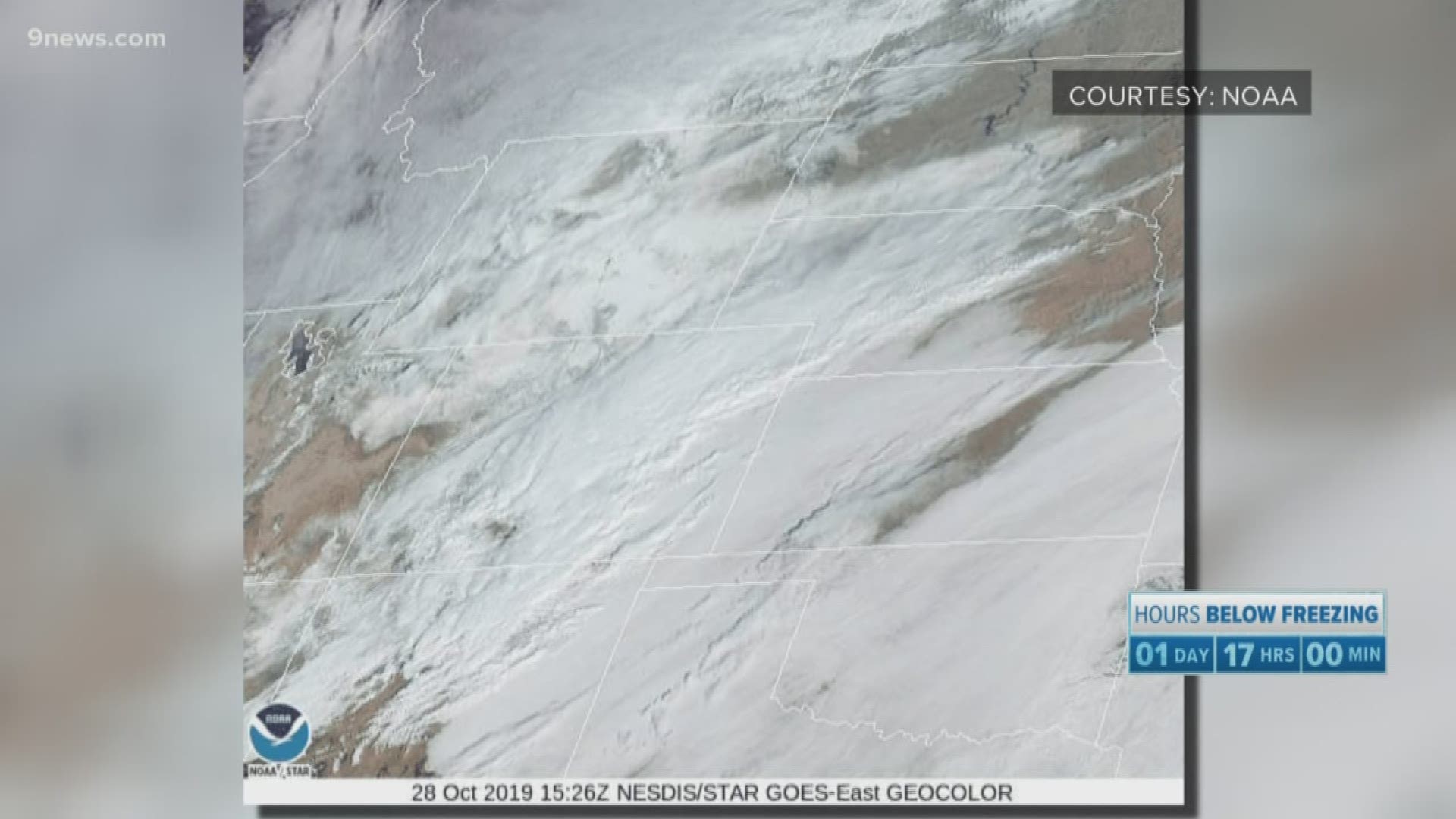 Images from NASA's GOES satellite show snow in Colorado, Wyoming, Nebraska, and Kansas.