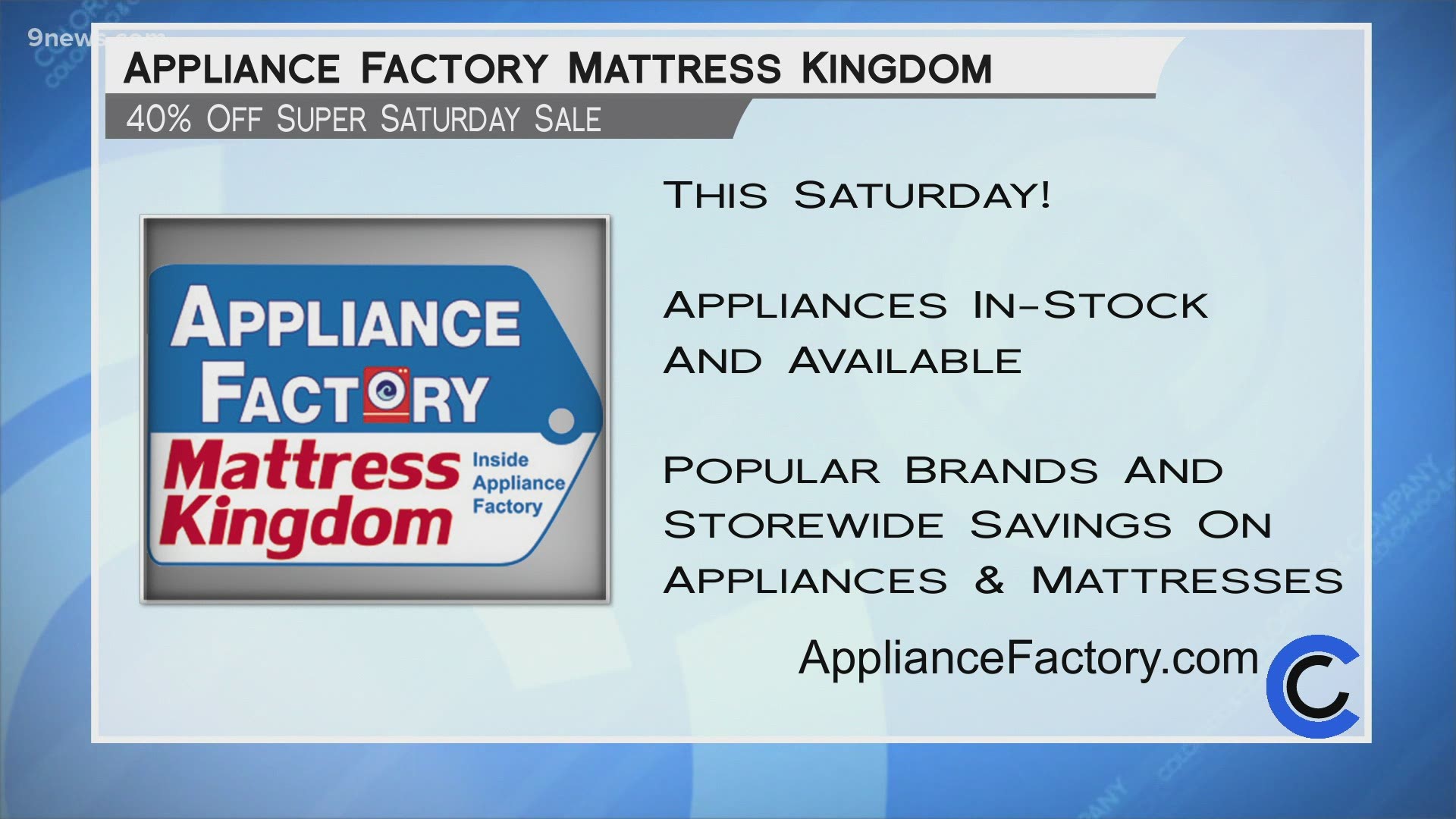 Shop online and save 40% this Saturday at the Super Saturday Sale! Learn more at ApplianceFactory.com.