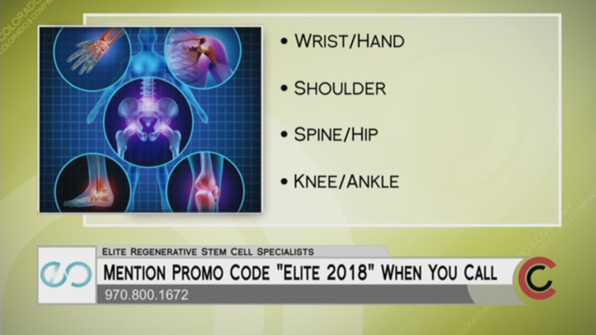 If you're curious about stem cell therapy, give Elite Regenerative Stem Cell Specialists a call. Understand all the treatment options and take advantage of special offers happening now. Just mention the promo code "Elite 2018" when you call. The number is 970.800.1672 and find more helpful information on their website, www.EliteRegen.com.