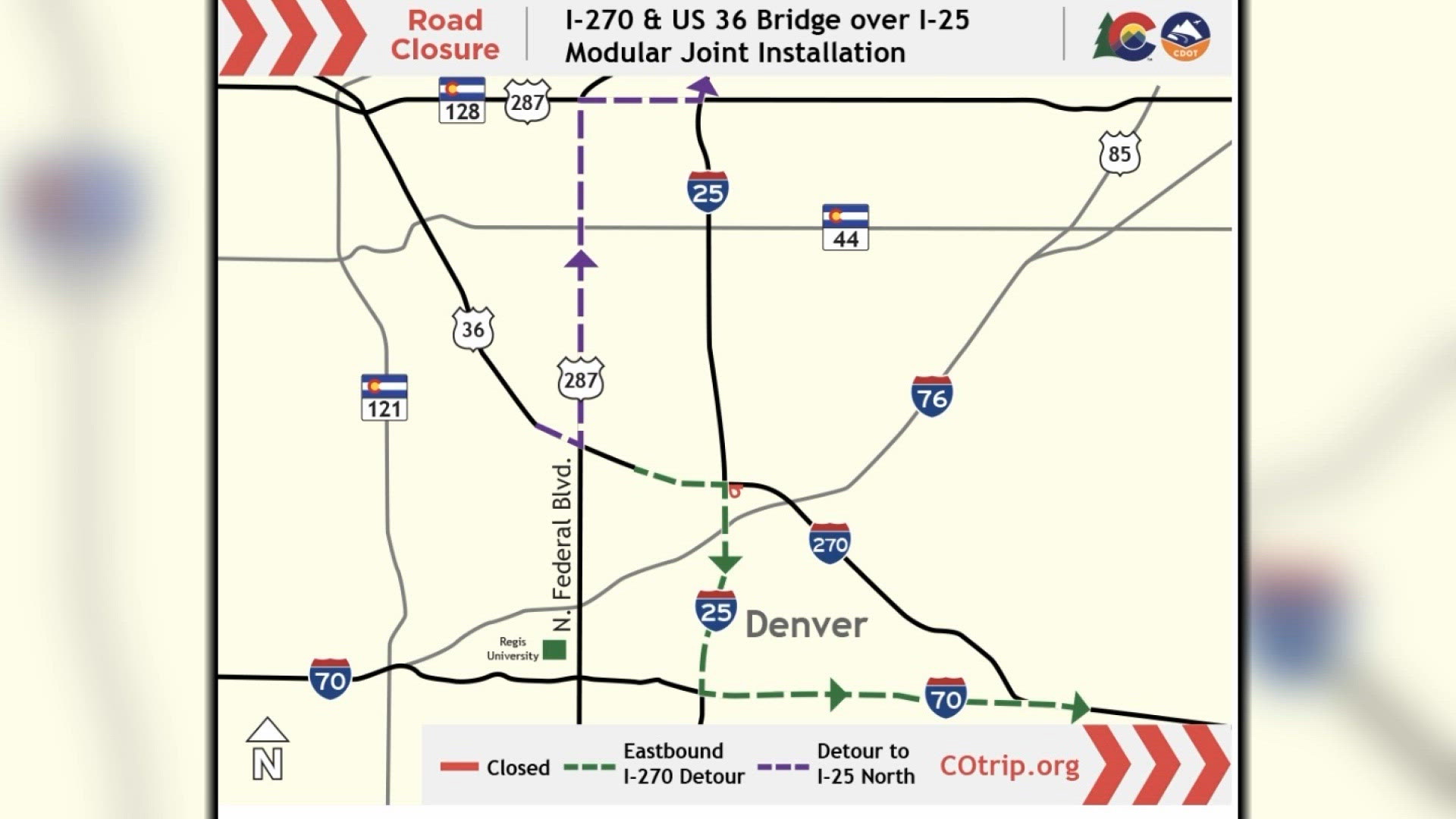First of 2 weekend closures of I-270, US 36 bridge over I-25 planned in Adams County