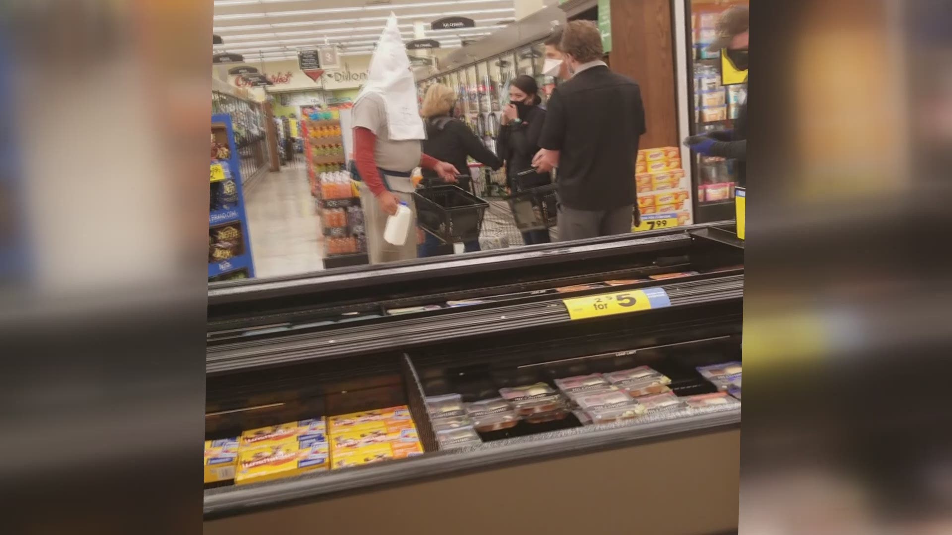 A viewer sent us a video of a man wearing a KKK hood in a Dillon grocery story. Police want help identifying him.