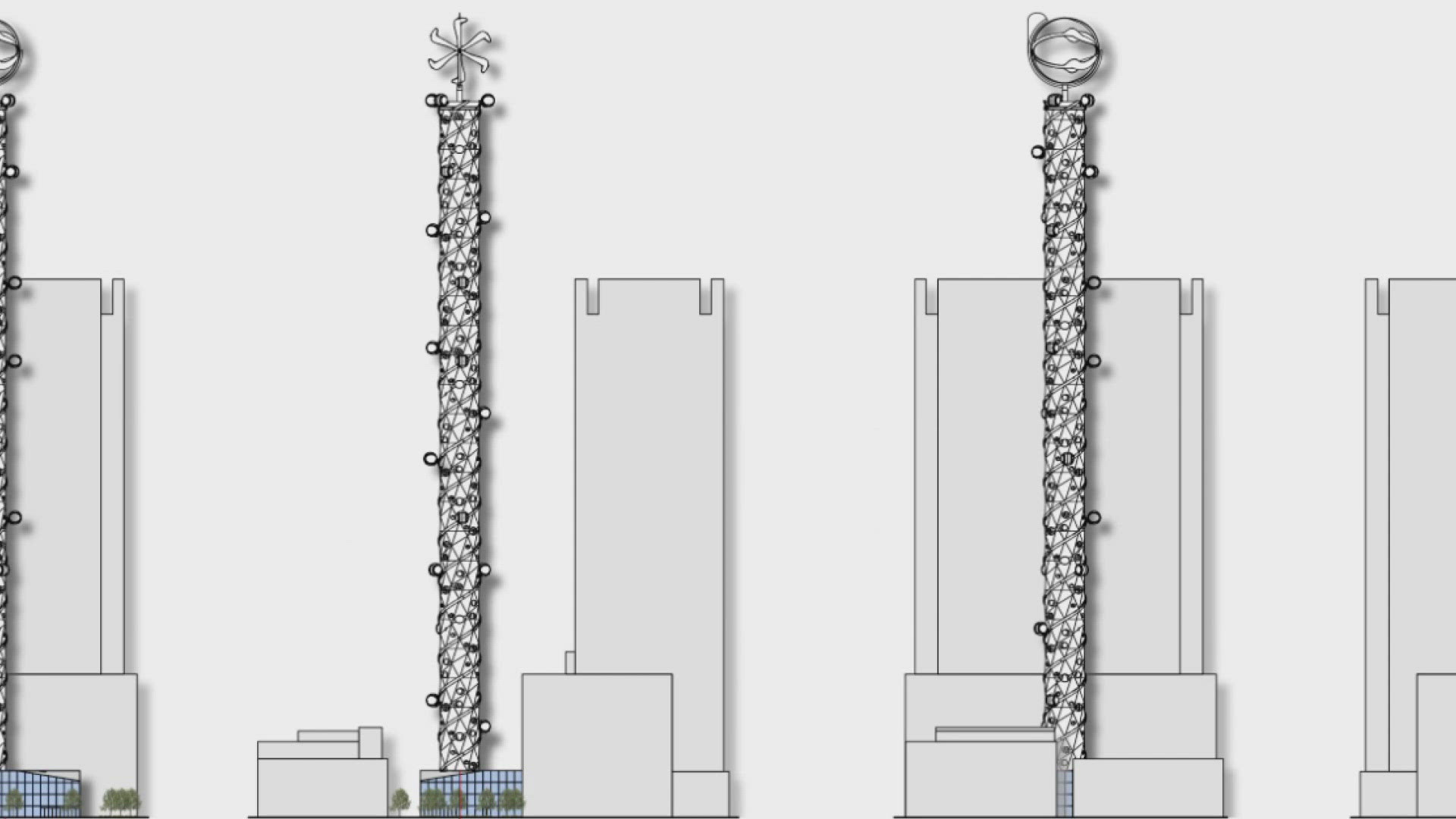 A concept plan filed on Tuesday shows renderings of a twisting observation structure capped with an orb.