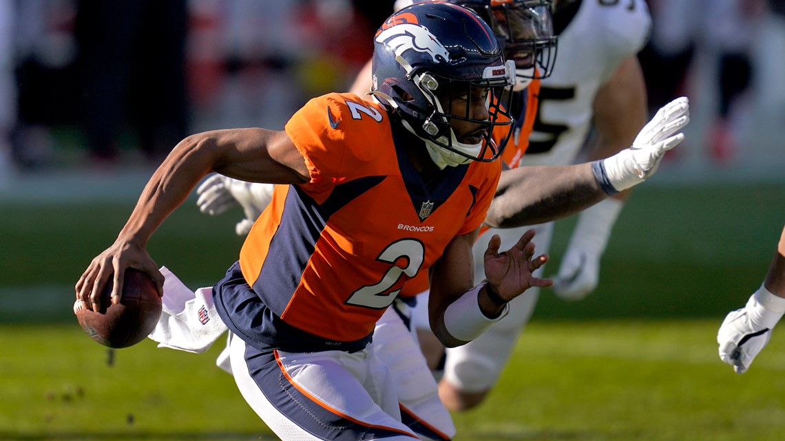 DENVER, CO - NOVEMBER 29: Denver Broncos quarterback Kendall Hinton (2)  warms up before a game between the Denver Broncos and the New Orleans  Saints on November 29, 2020, at Empower Field