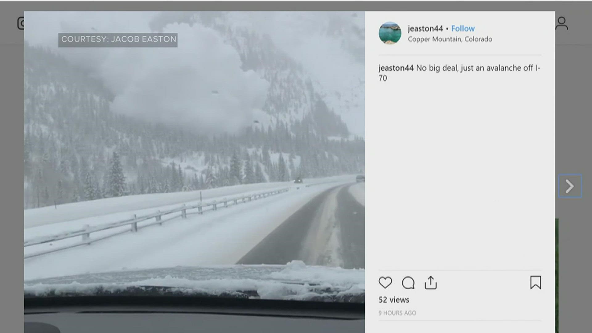 An avalanche was caught on camera barreling toward cars caught in I-70 traffic in Officer's Gulch between Silverthorne and Copper Mountain. According to the person who took the video, most of the snow did not make it to the road and no one was injured.