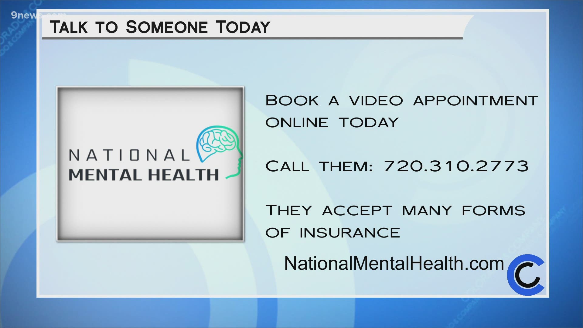Book a video visit with National Mental Health by calling 720.310.2773 or online at NationalMentalHealth.com.