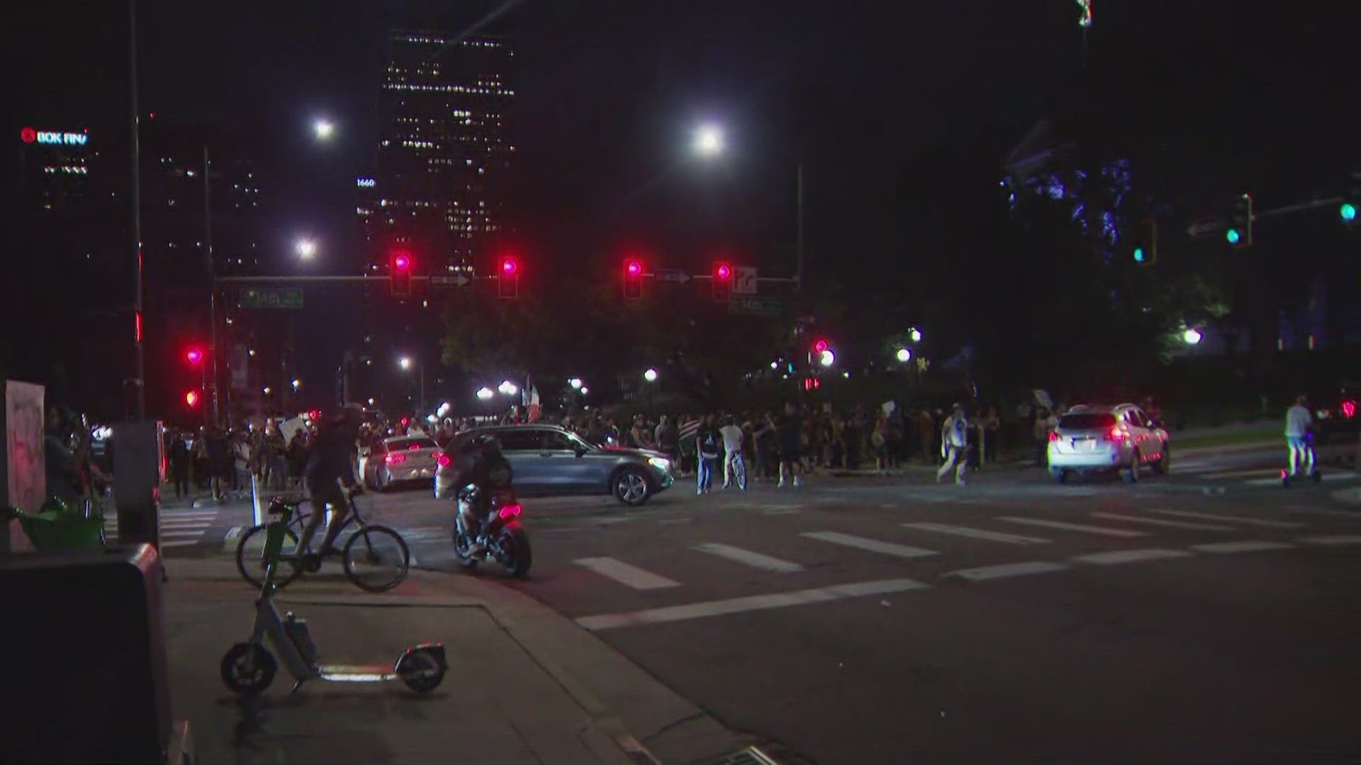 Protesters are marching down Broadway in solidarity with immigration raids in California. The demonstration started at the state capitol and moved to the street.