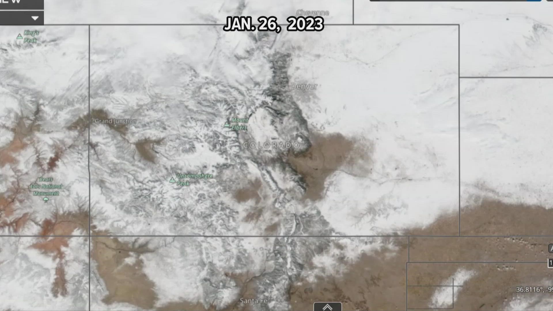Meteorologist Cory Reppenhagen shows us the snowy view from space and explains why some spots in Colorado are actually still a little brown.