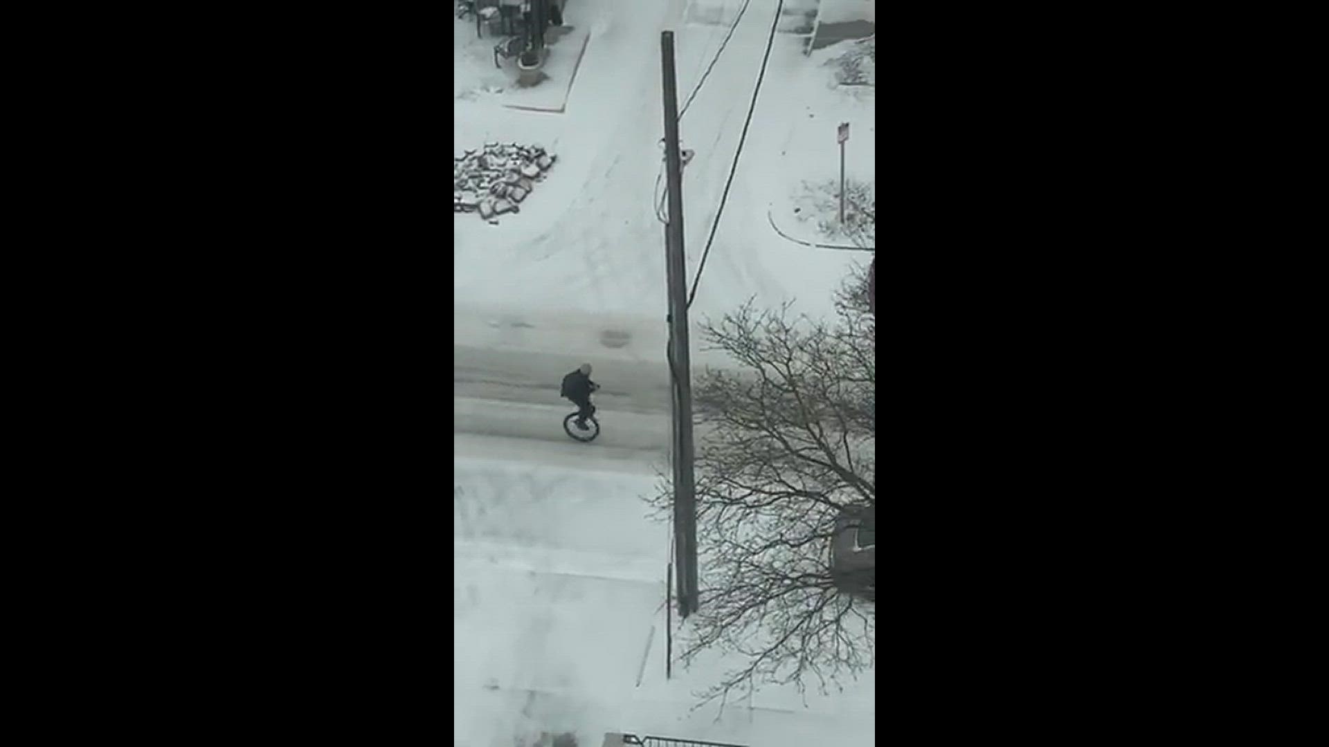 Snow unicycling. He wiped out just before this video but got right back up to continue social media posting.
Credit: John Gudvangen