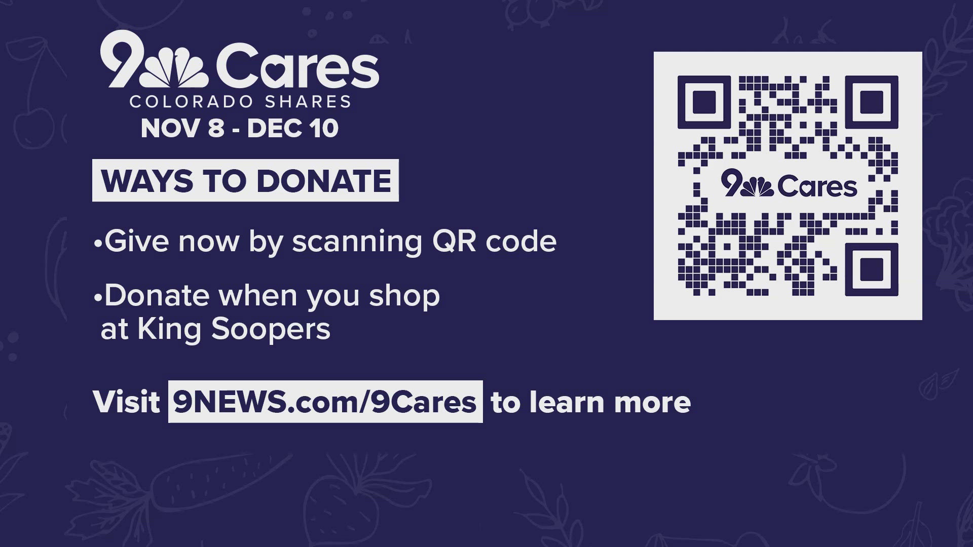 Help us fill the food banks and pantries in our community with a donation online or at King Soopers in our 9Cares Colorado Shares food drive.