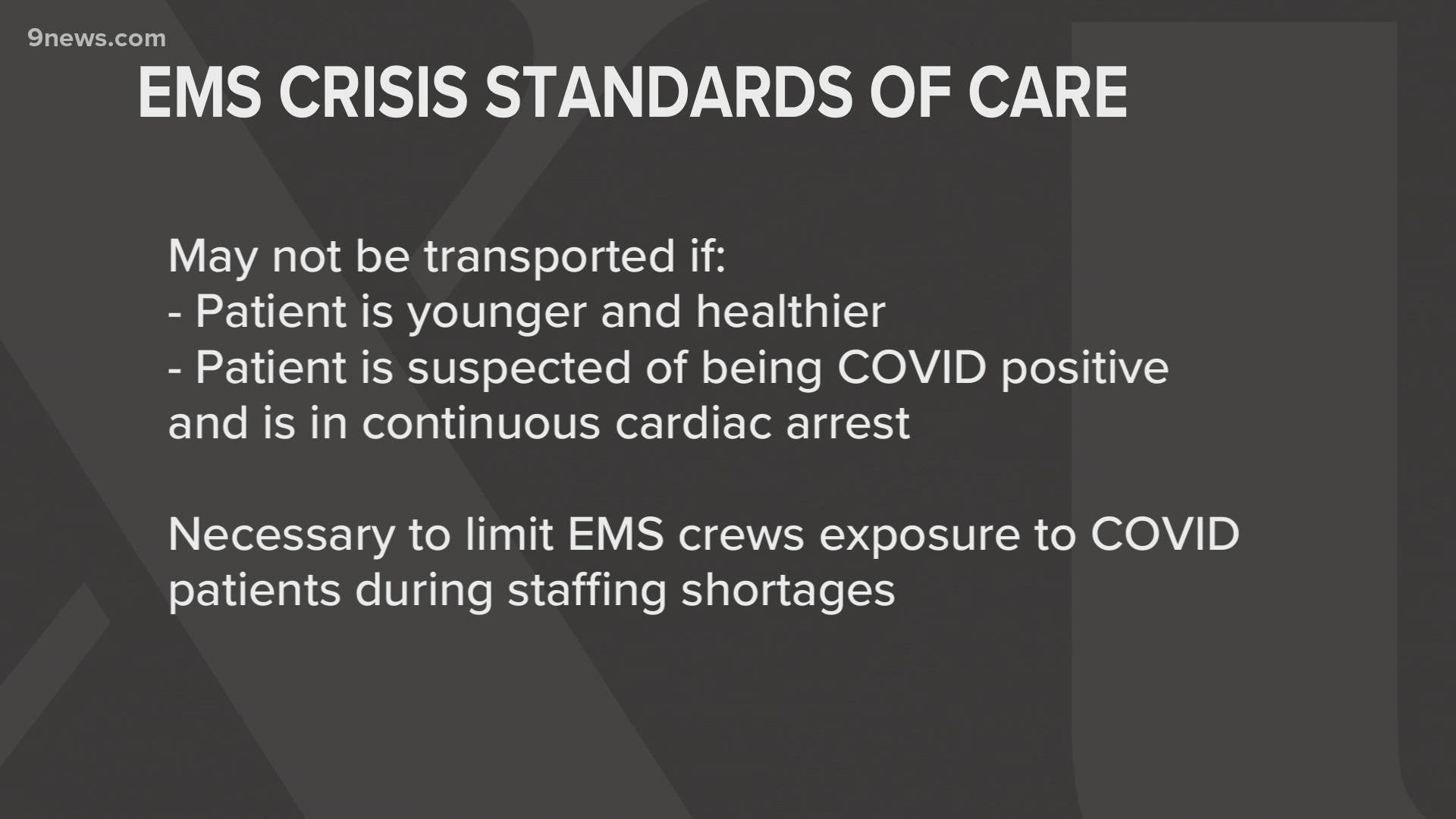 Colorado activated "crisis standards of care" for EMS due to a COVID-19 surge, affecting when ambulances are dispatched and who they transport.