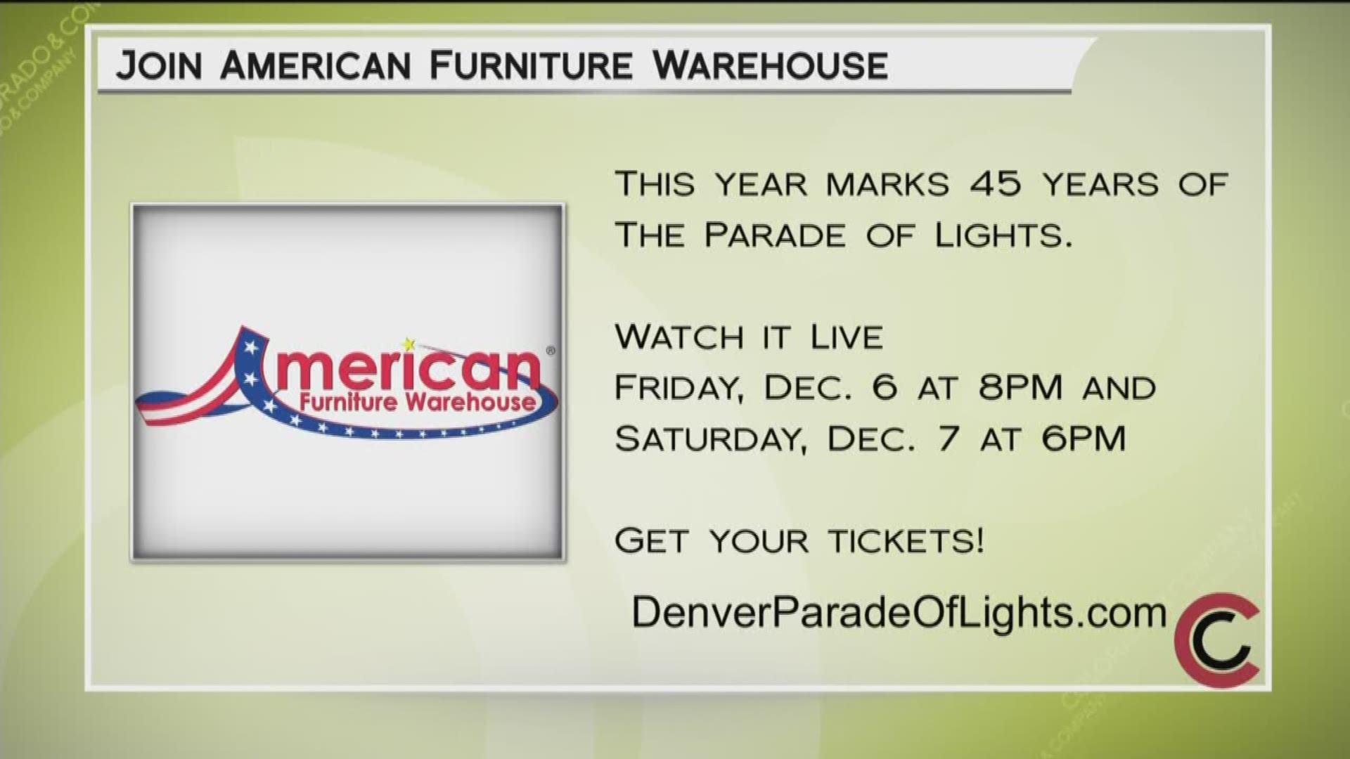 Join American Furniture Warehouse at the 9News Parade of Lights on Friday, December 6th. Thanks to AFW for their continued support.