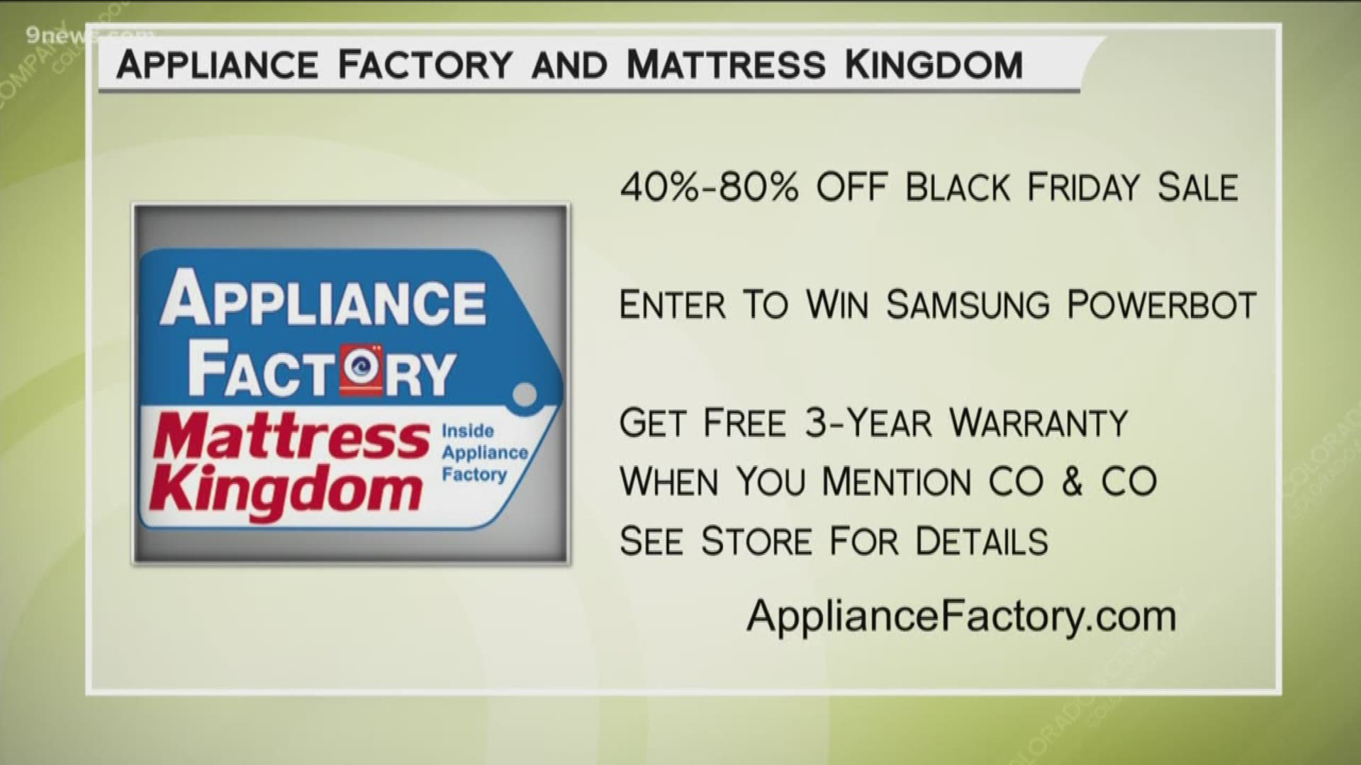 Check out Black Friday deals at ApplianceFactory.com. Log on and find one of the 17 stores in Colorado closest to you.