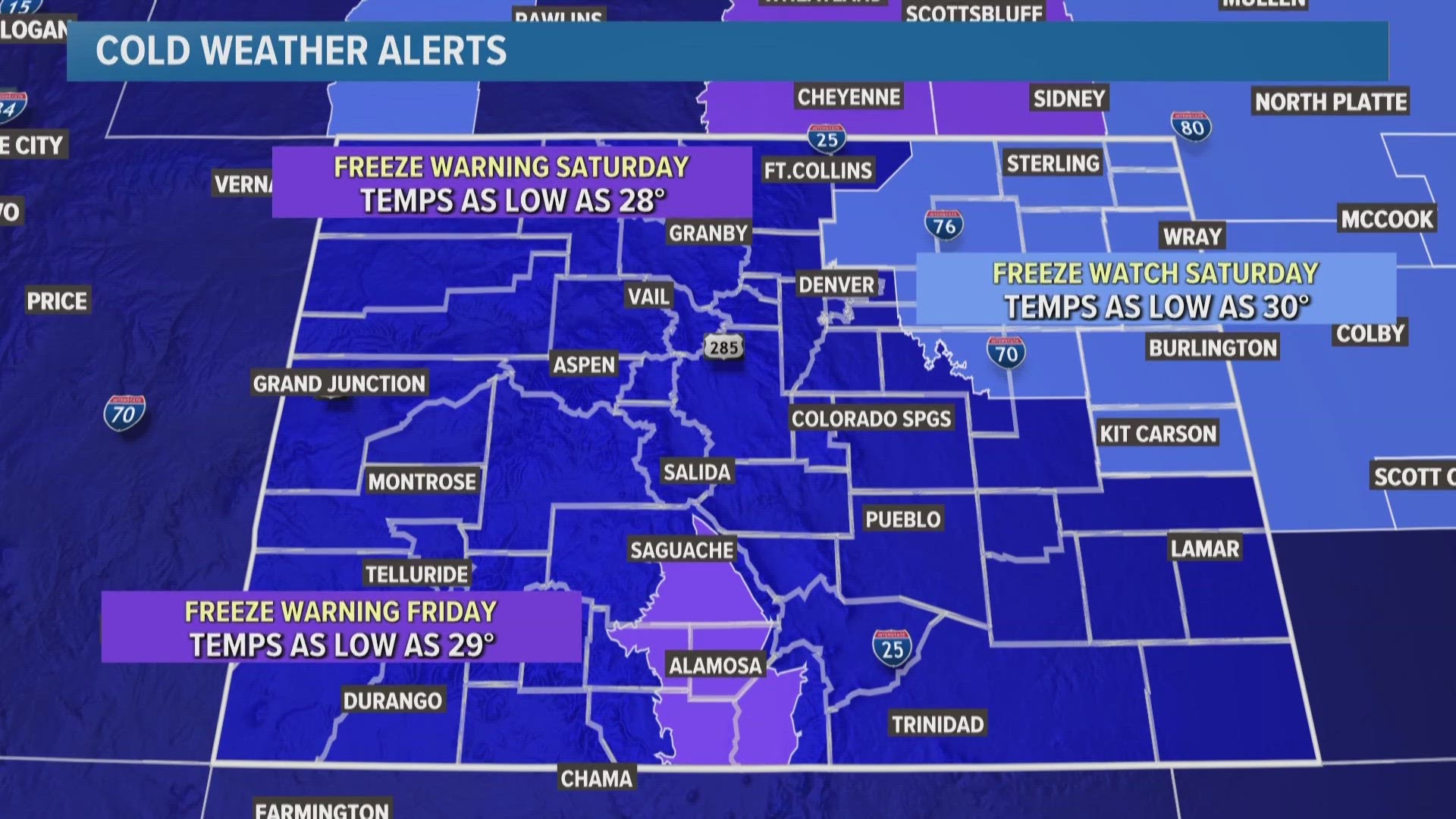 The Front Range and northeast plains are under the first freeze watch of the season Saturday morning.