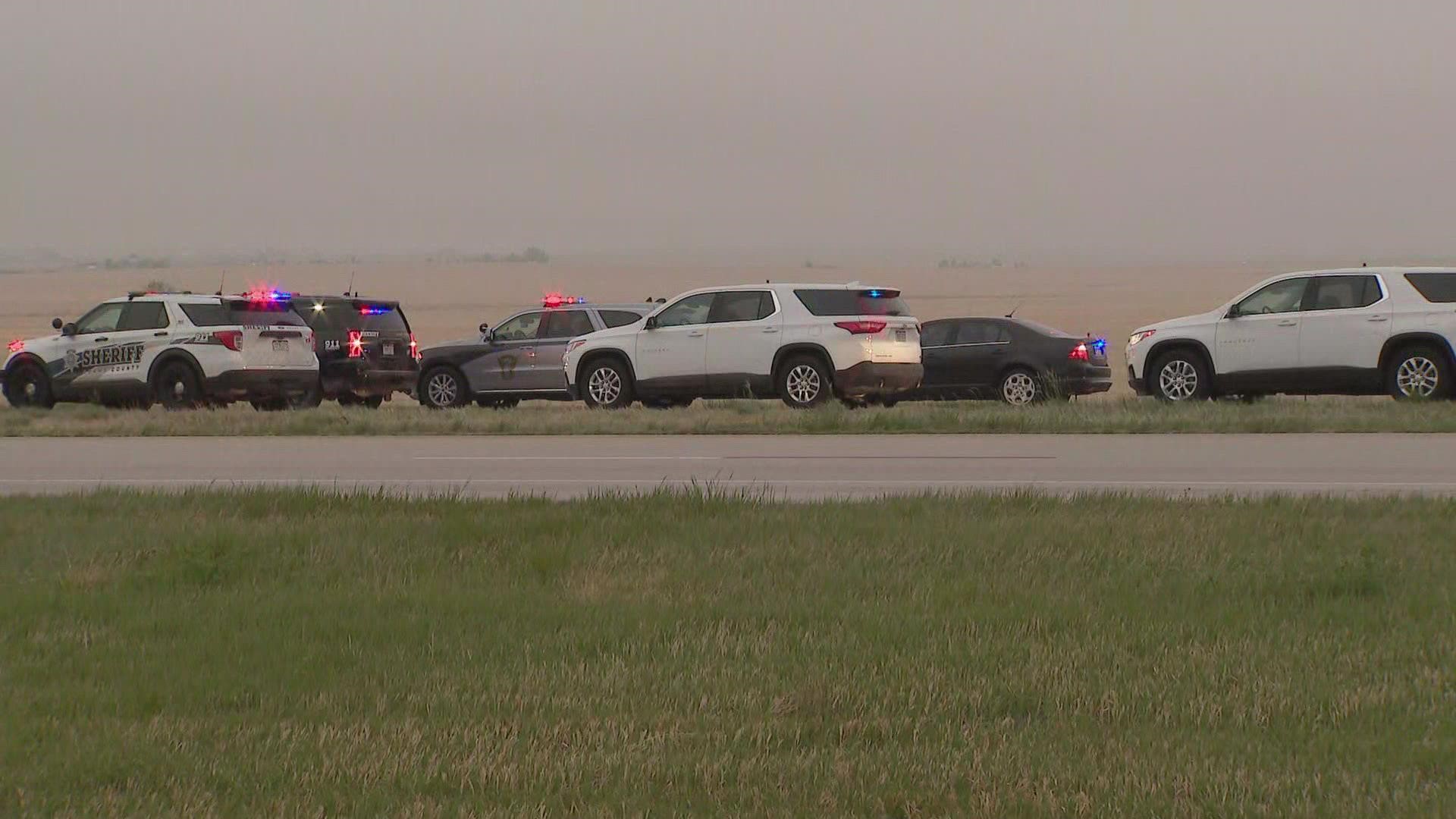 The suspect was first spotted around 12:30 a.m. in Adams County. There was a chase and eventually, the suspect was shot near I-70 and Airpark Road, ACSO said.