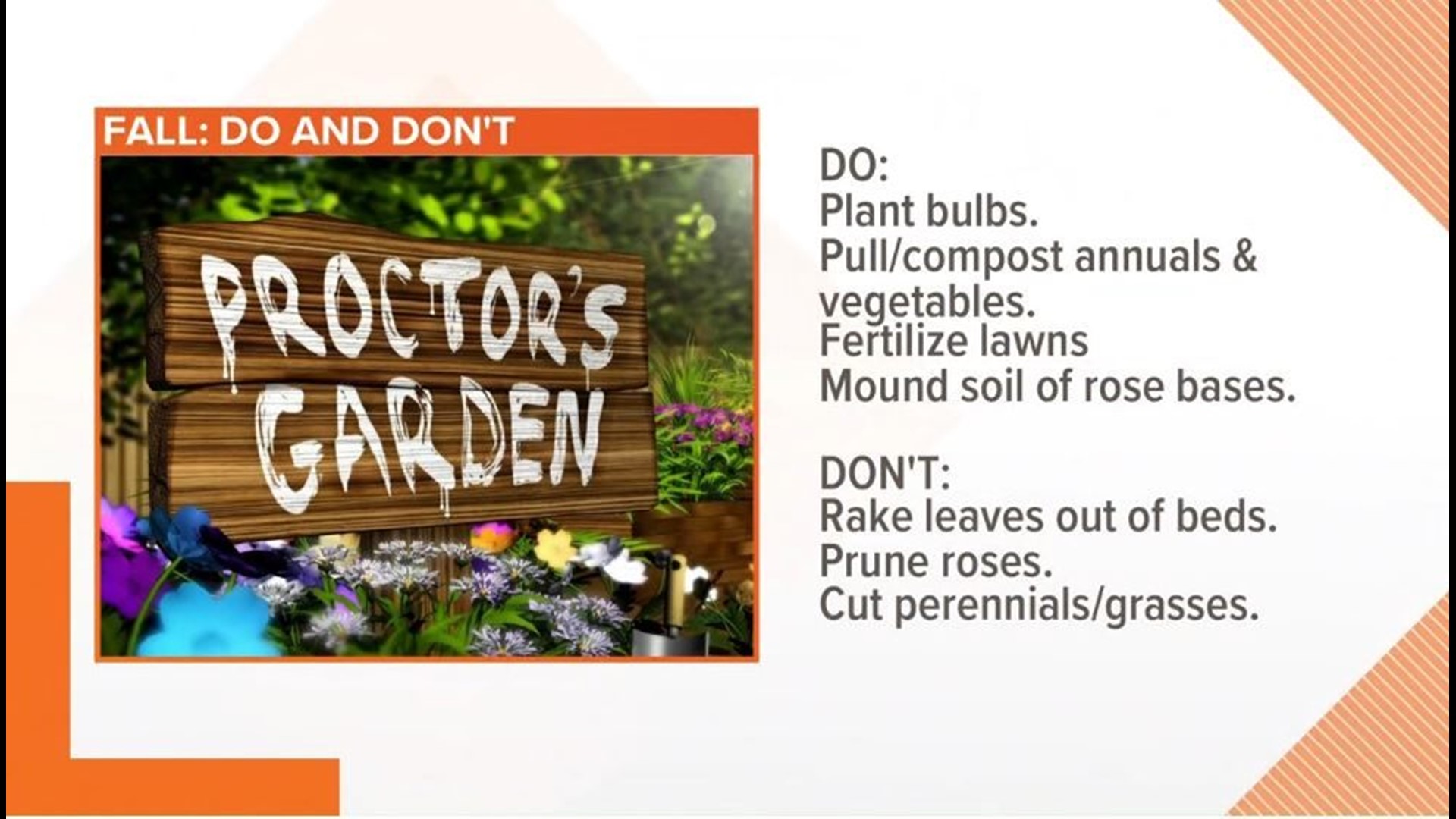 DO: Plant bulbs, Pull and compost annuals and vegetables, Fertilize lawns, Mound soil over the bases of rosesDON'T: Rake leaves out of beds, Send leaves to the dump, Prune roses, Cut back perennials or grasses