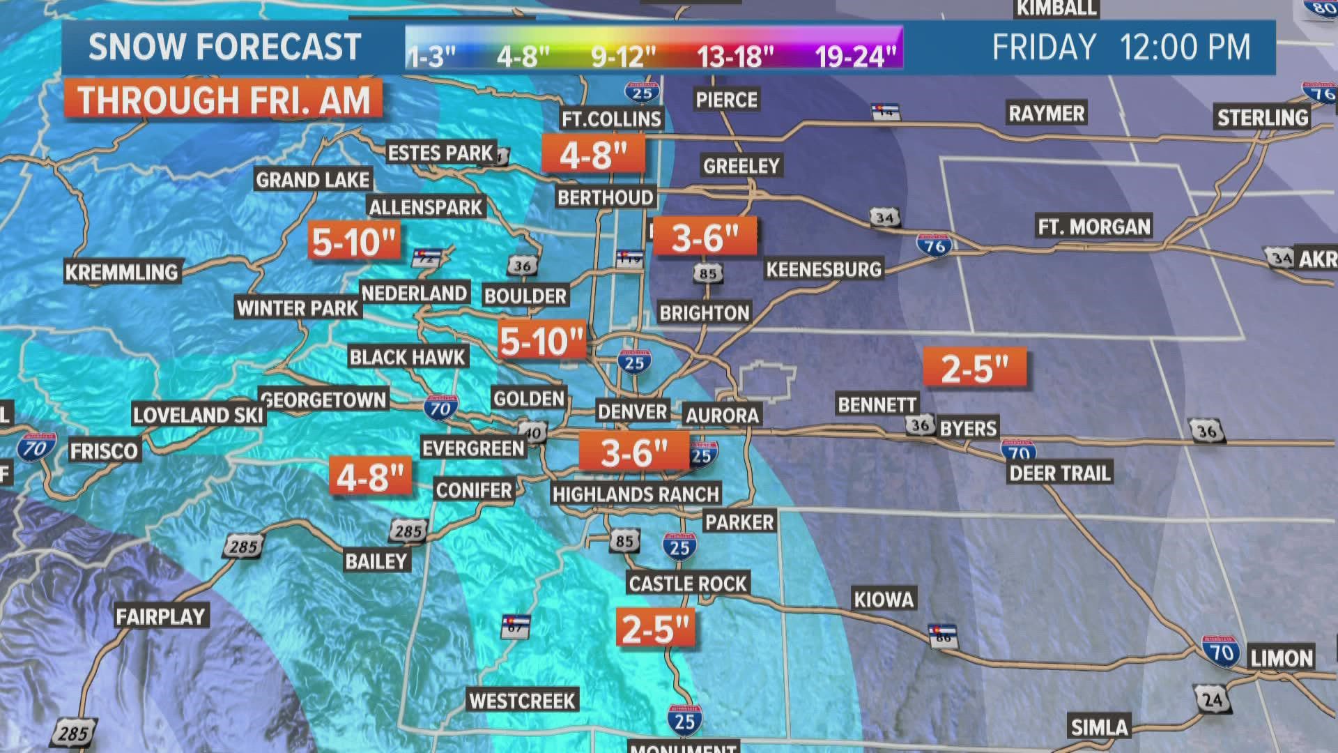 Heavier snow is expected to move into the Denver metro between 3p.m. and 6 p.m., likely making for a messing evening commute.