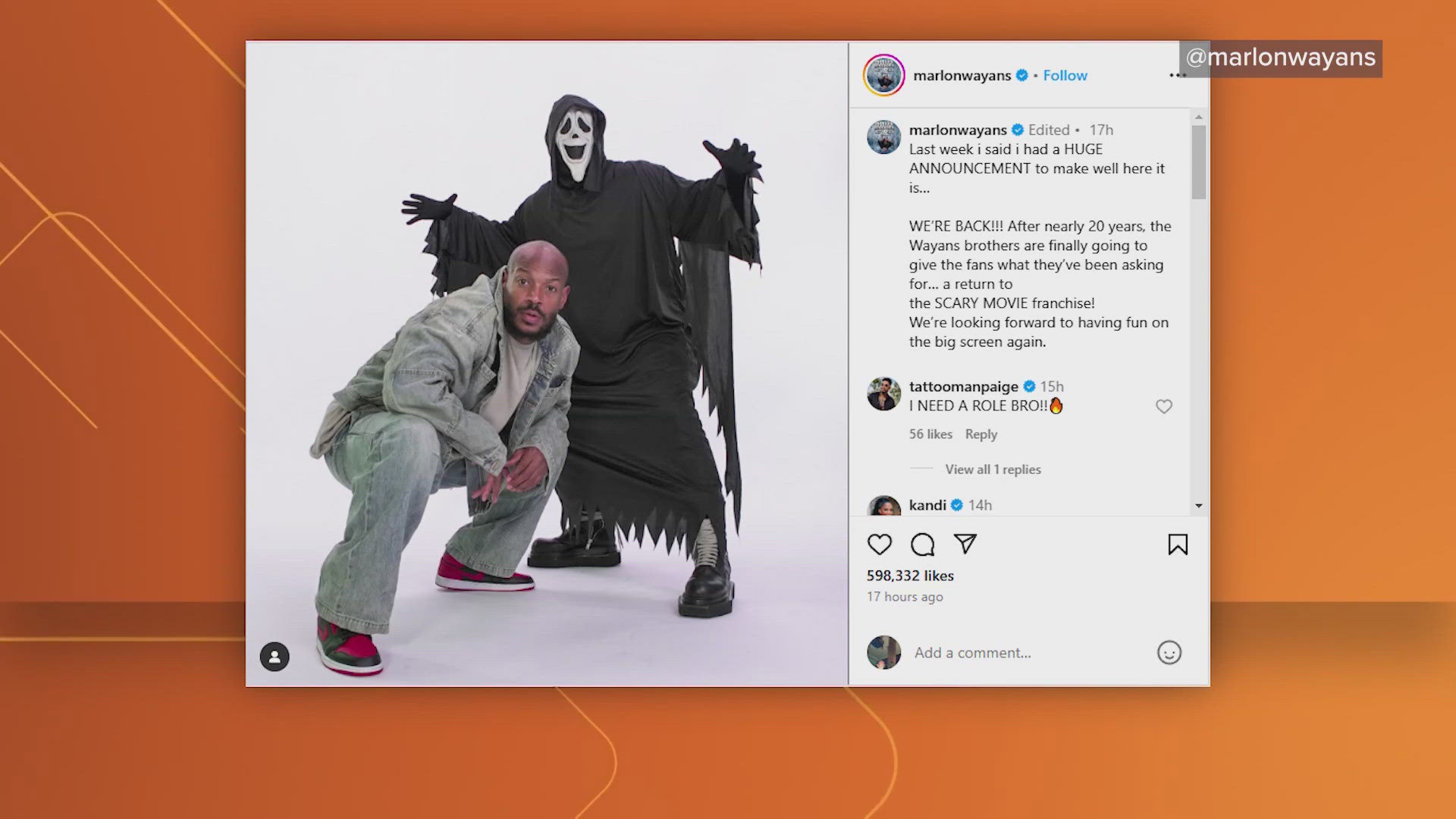 In a post on Instagram, Marlon Wayans announced plans for "Scary Movie 6." The franchise famously parodies popular horror films.