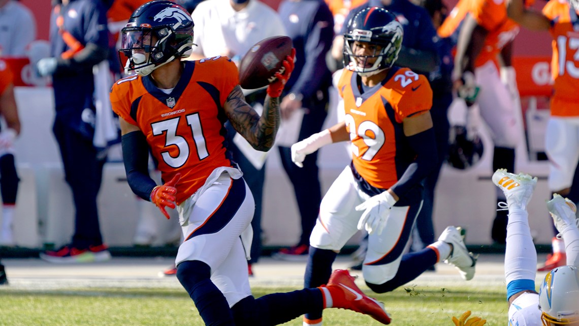 Denver Broncos wide receiver Tim Patrick (81) takes the field with  teammates before an NFL football game against the Los Angeles Chargers  Sunday, Nov. 28, 2021, in Denver. (AP Photo/Jack Dempsey Stock