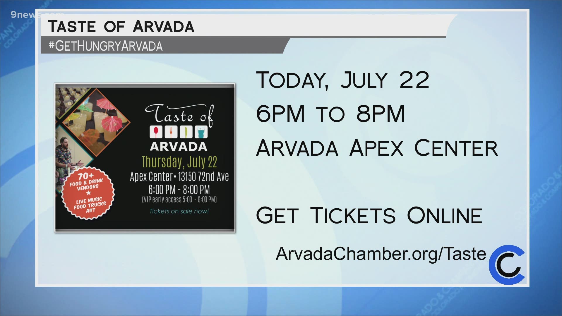 The 4th Annual Taste of Arvada is happening tonight from 6 to 8pm at the Apex Center! Get your tickets and learn more at ArvadaChamber.org/Taste.