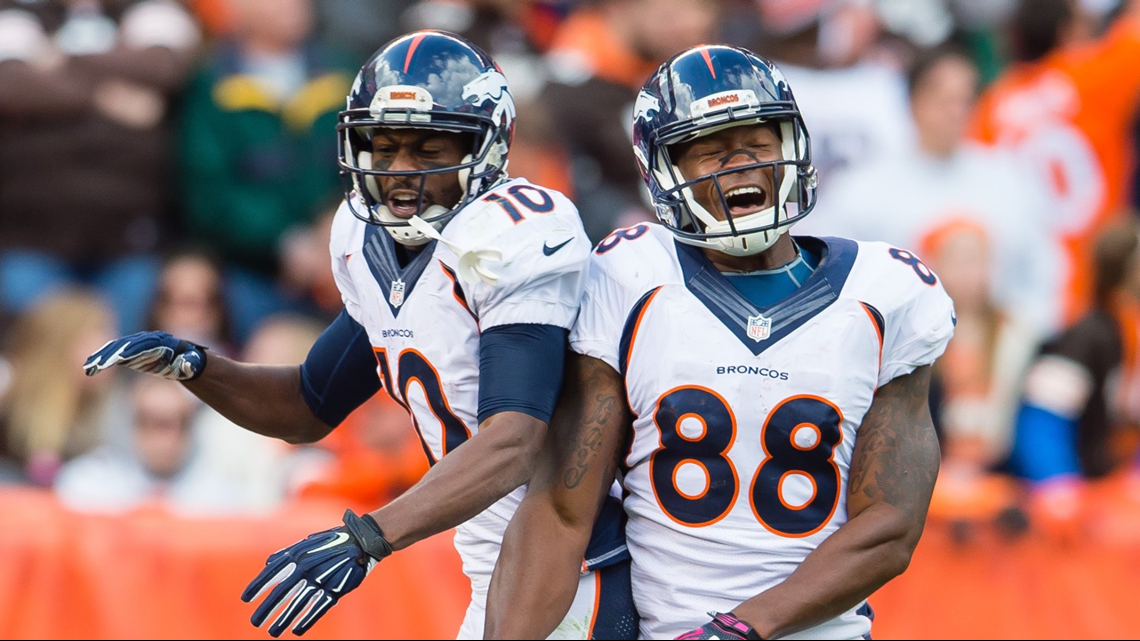 Denver Broncos wide receiver Emmanuel Sanders (10) celebrates a 31