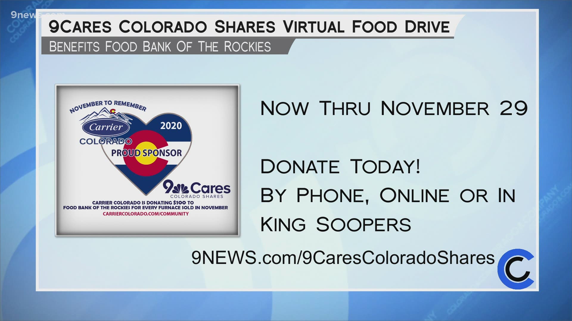 You can give from your phone! Take a pic of the QR Code on screen. You can also donate at King Soopers or at FoodBankRockies.com, or 9News.com/9CaresColoradoShares.