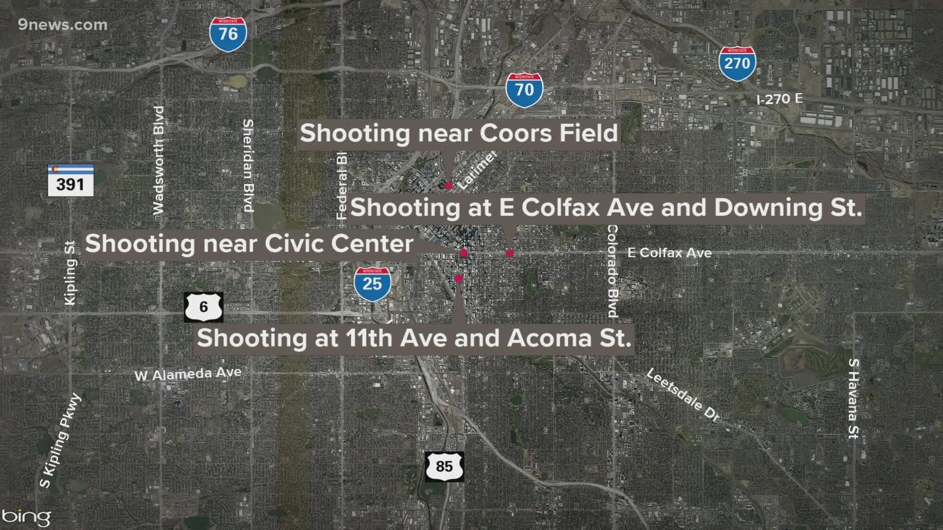 Four shootings were reported Friday night into Saturday morning, including fatal shootings near Civic Center and Coors Field.