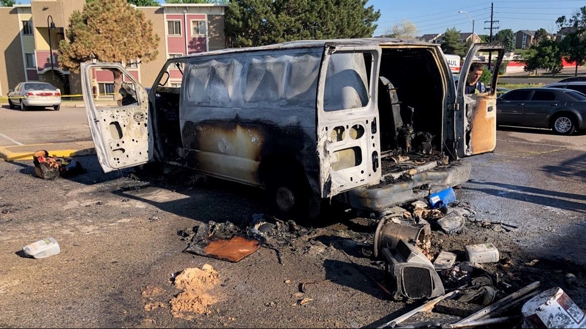 Van destroyed after fire in Thornton