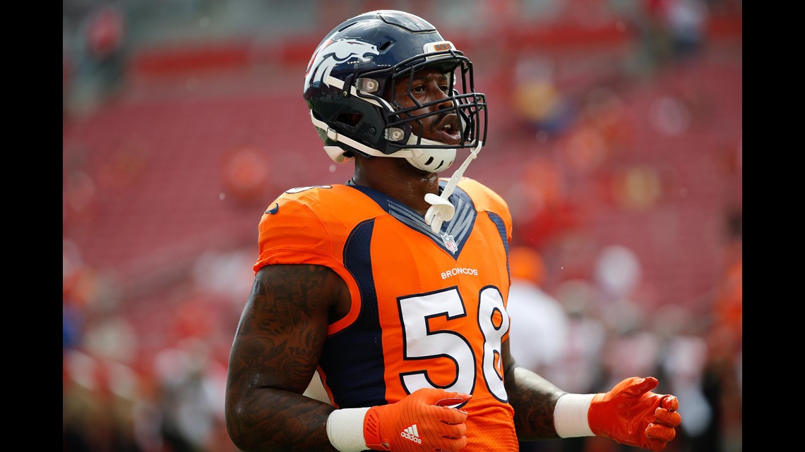 Denver Broncos outside linebacker Bradley Chubb raises his arms to the  crowd during an NFL football game between the Denver Broncos and the  Chicago Bears, Sunday, Sept. 15, 2019, in Denver. (AP