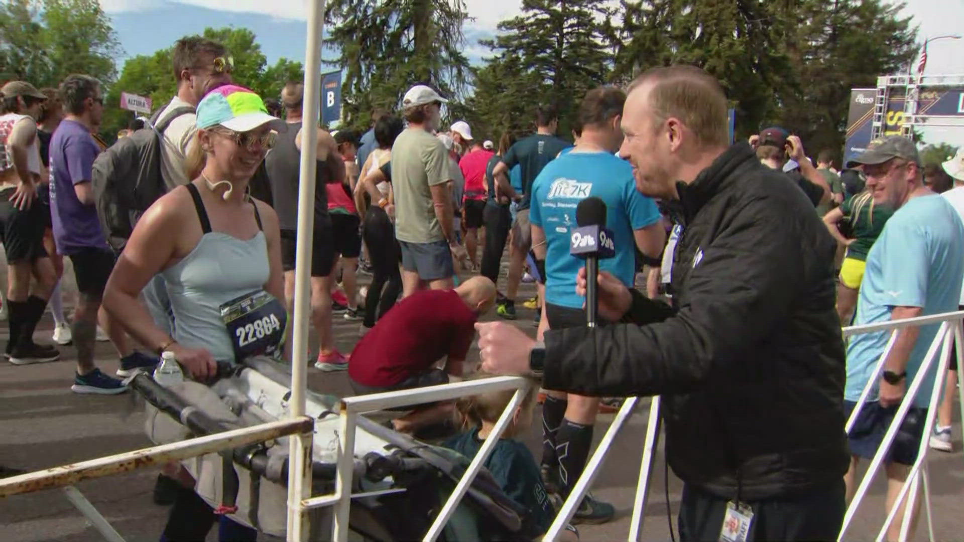 Talking to some runners as they get ready to race in Denver's Colfax 5K.