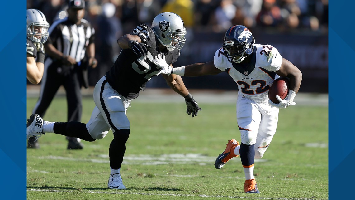 Denver Broncos running back C.J. Anderson celebrates winning the