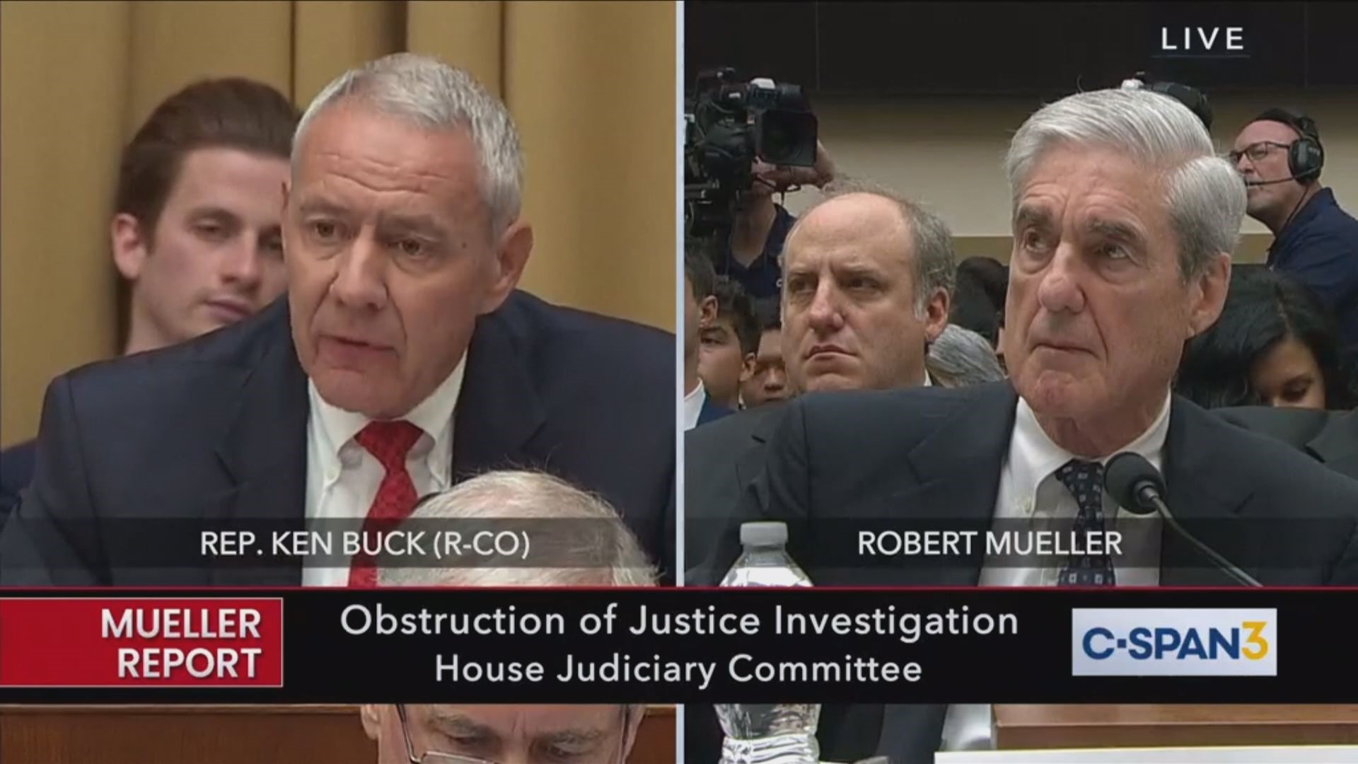 U.S. Rep. Ken Buck (R-Colo.) questions former special counsel Robert Mueller during testimony before the House Judiciary Committee on July 24, 2019. Mueller investigated allegations of Russian interference in the 2016 presidential election, as well as whether Pres. Trump's campaign colluded with the Russian government. Responding to Buck, Mueller said Trump could be indicted after leaving office.