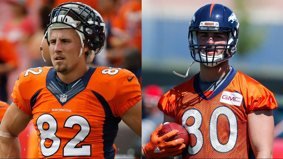 Denver Broncos tight end Jeff Heuerman (82) takes part in drills