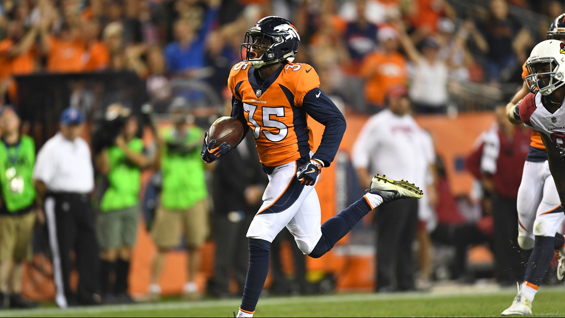 Denver Broncos defensive back Dymonte Thomas (35) takes part in drills  during the opening day of the team's NFL football training camp Thursday,  July 18, 2019, in Englewood, Colo. (AP Photo/David Zalubowski