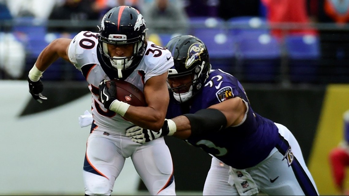 Baltimore, USA. 23rd September, 2018. Baltimore Ravens RB Alex Collins (34)  in action against the Denver Broncos at M&T Bank Stadium in Baltimore, MD  on September 23, 2018. Photo/ Mike Buscher/Cal Sport