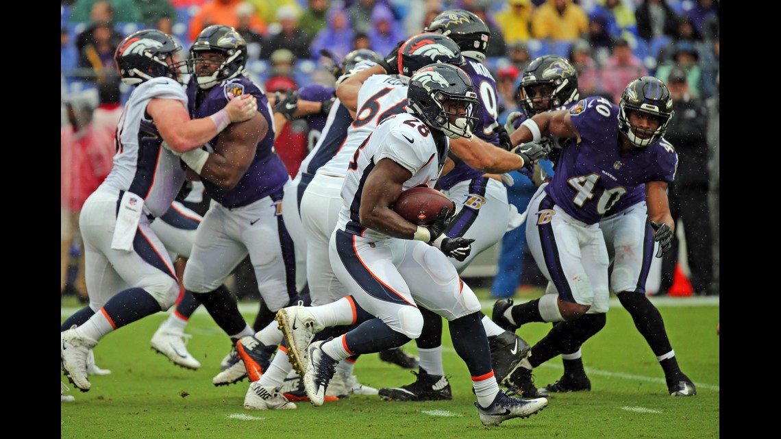 Baltimore, USA. 23rd September, 2018. Baltimore Ravens RB Alex Collins (34)  in action against the Denver Broncos at M&T Bank Stadium in Baltimore, MD  on September 23, 2018. Photo/ Mike Buscher/Cal Sport