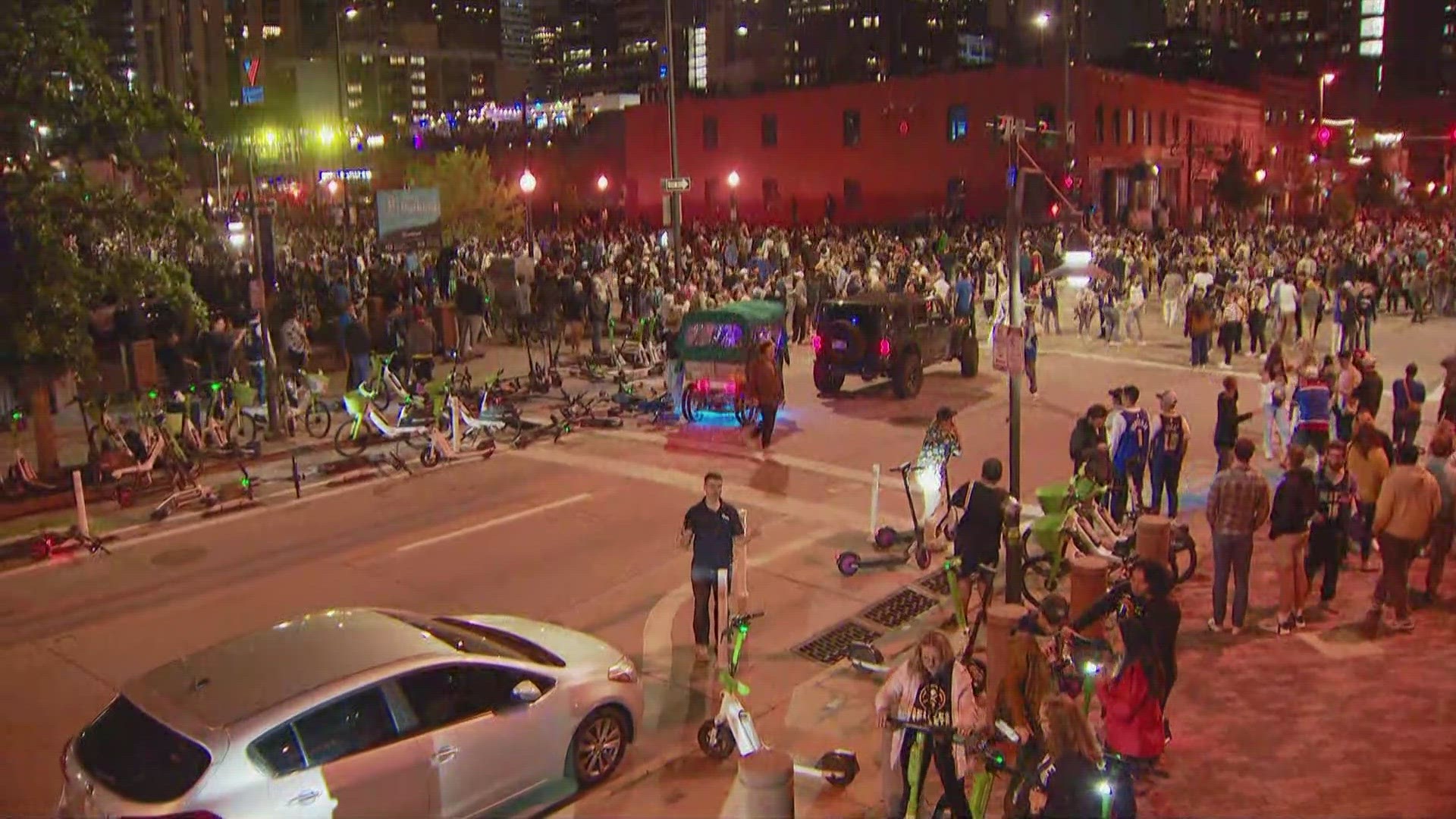 Crowds of fans gathered in LoDo Monday night to celebrate the Denver Nuggets' first-ever NBA championship.