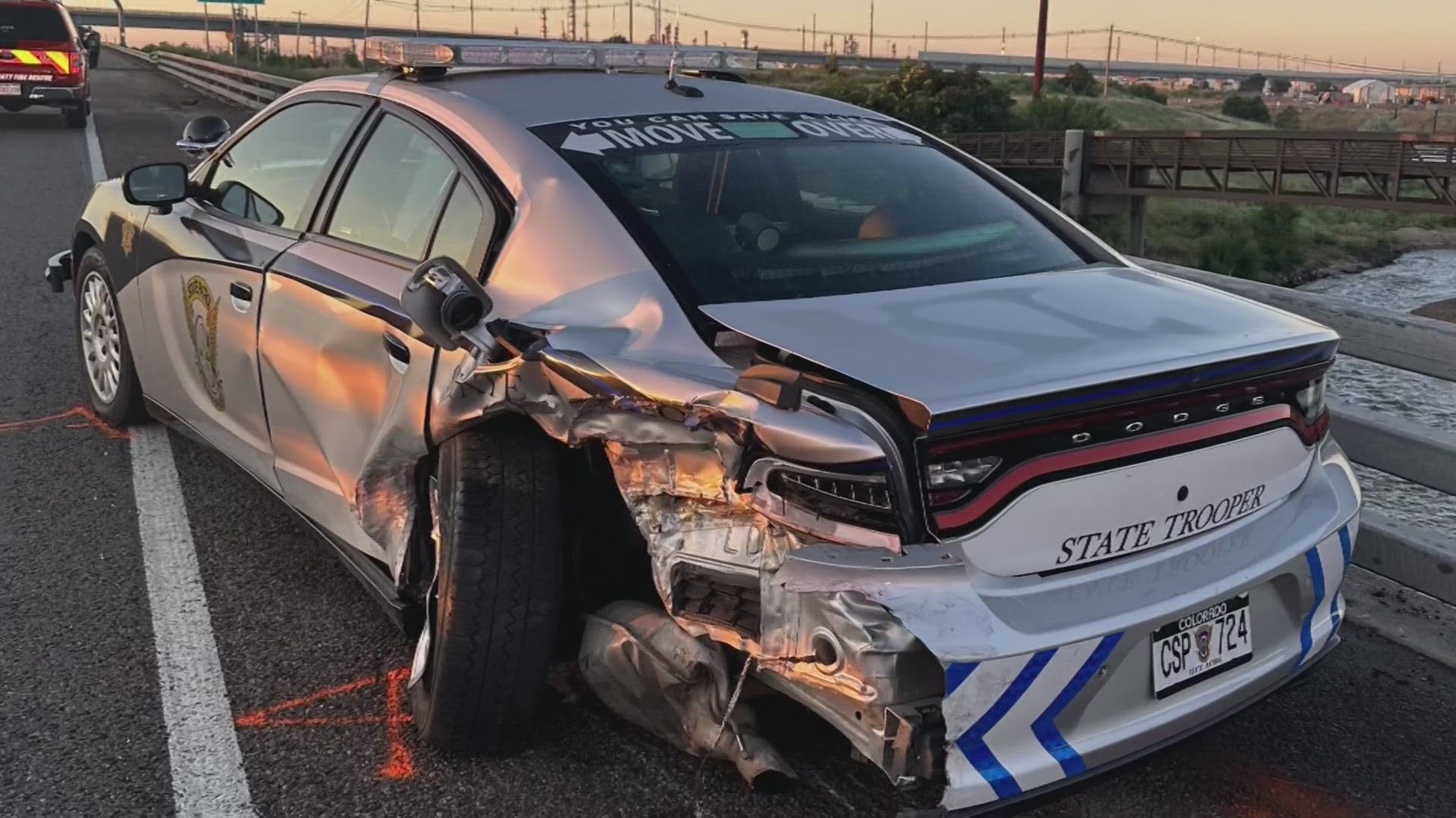 A Colorado State Patrol trooper was seriously injured when he was forced over a bridge and down a 30-foot embankment.