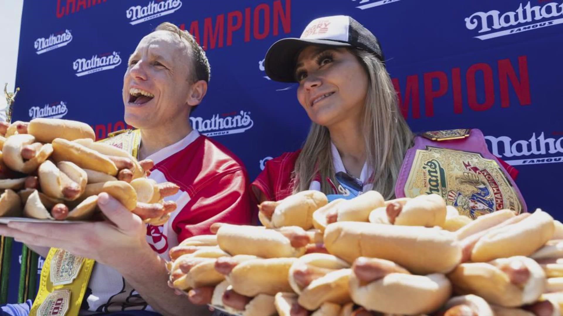 Chestnut downed 63 hot dogs in the Nathan's Famous Fourth of July contest, while Miki Sudo ate 40 hot dogs to take home the women's title.