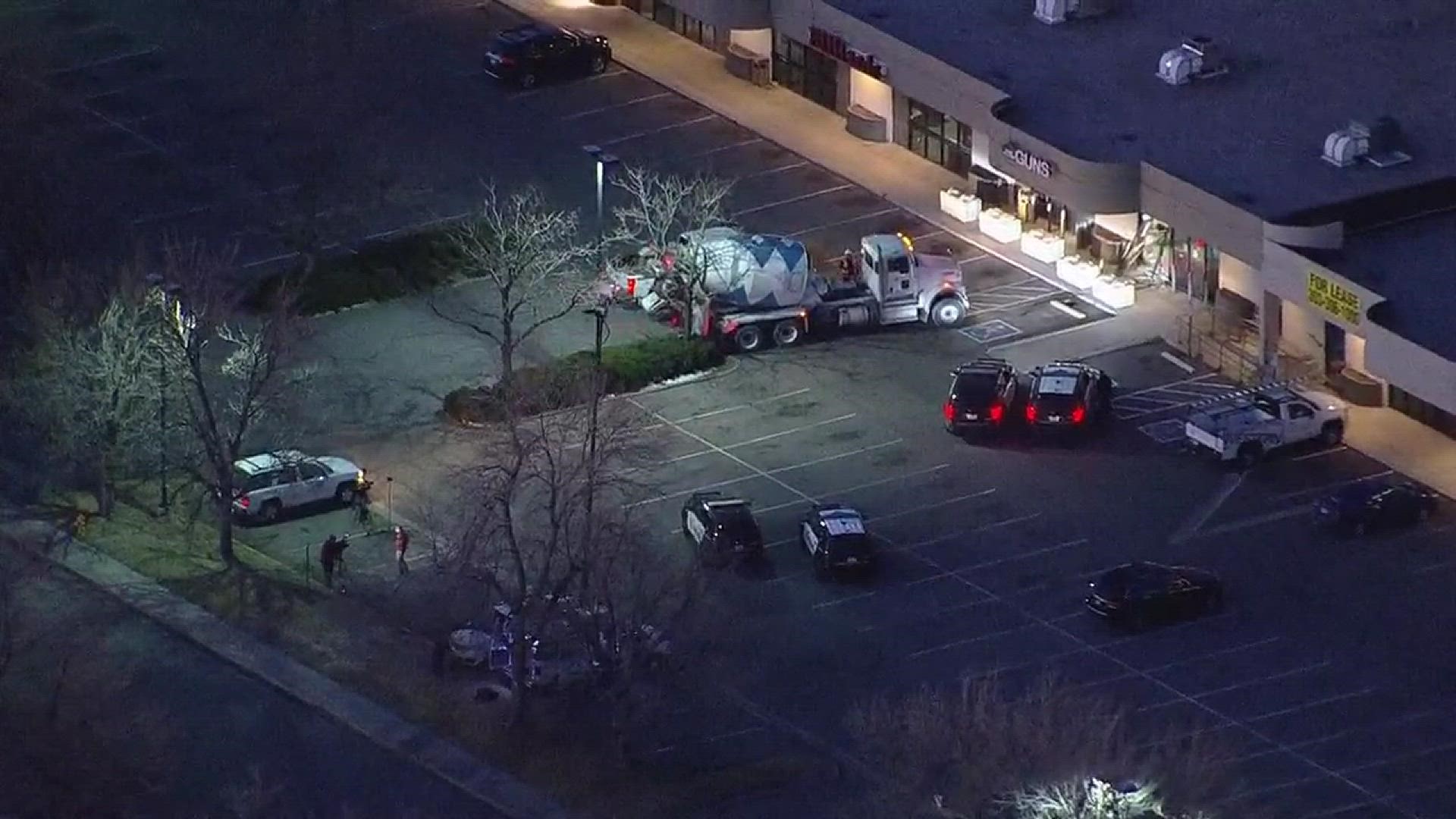 Sky 9 was over the scene of a gun store in Lakewood where thieves used a cement truck to tear off the front doors.