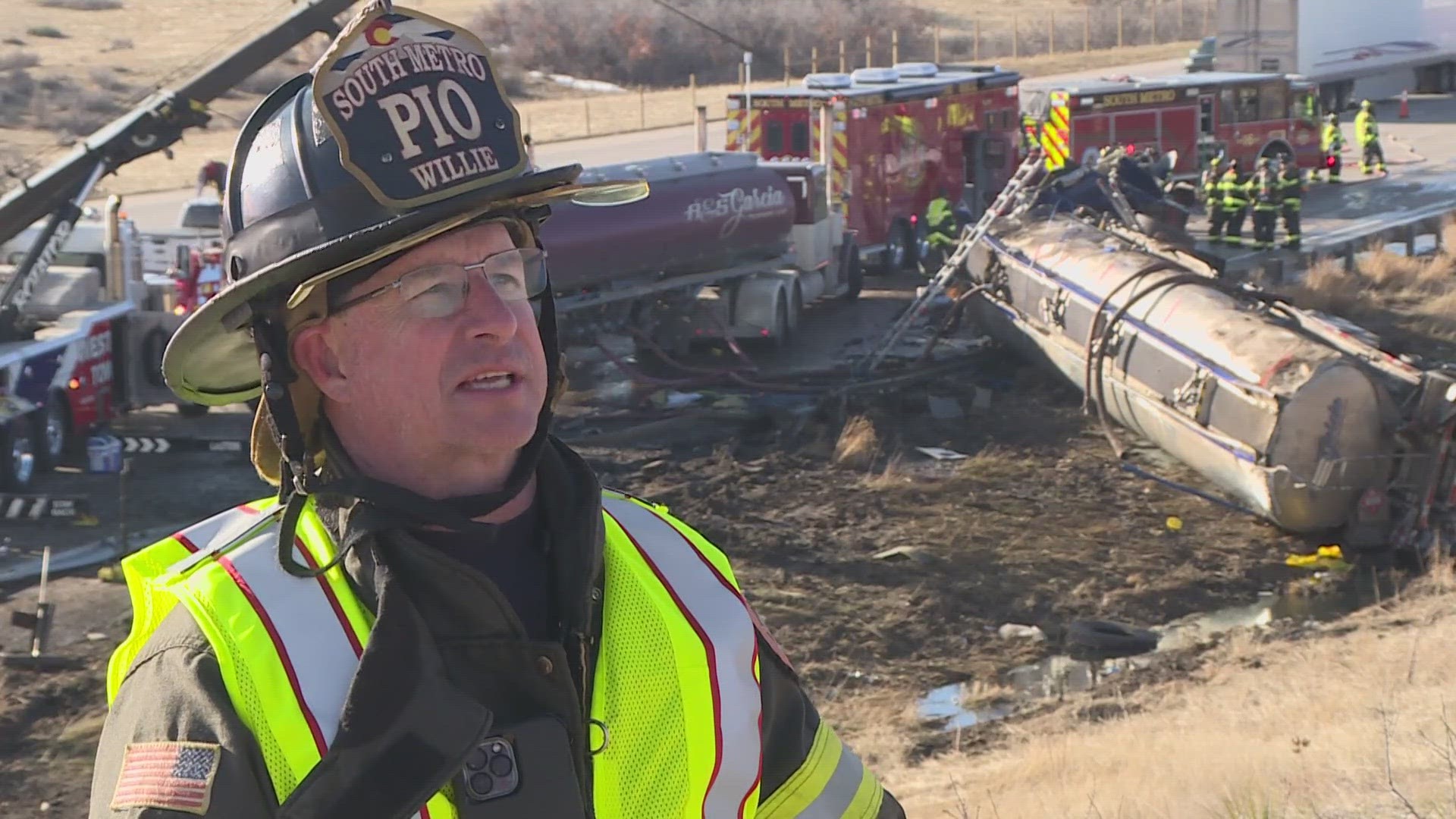 About 2,500 gallons spilled from the tanker after it crashed on Interstate 25 in Castle Pines, South Metro Fire Rescue in Colorado said.