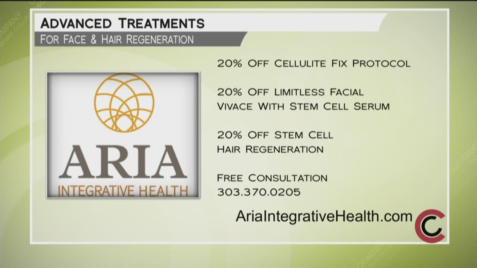 Call 303.370.0205 to find out about today’s specials and book your appointment. Learn more at AriaIntegrativeHealth.com.
