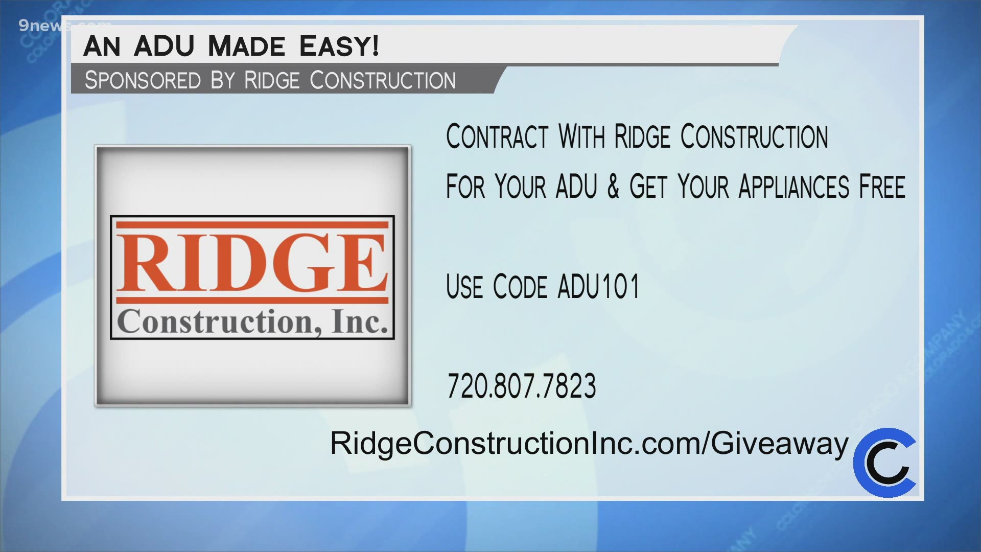 Visit RidgeConstructionInc.com/Giveaway and use code ADU 101 when filling out the form for a free appliance package with your new ADU! Call 720.807.7823 for more.
